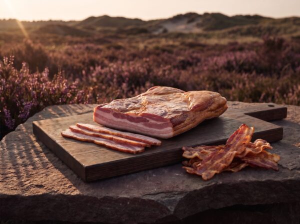 Et stykke økologisk røget bacon med tynde skiver på et mørkt egetræsbræt på heden, med sprødstegt bacon ved siden af.