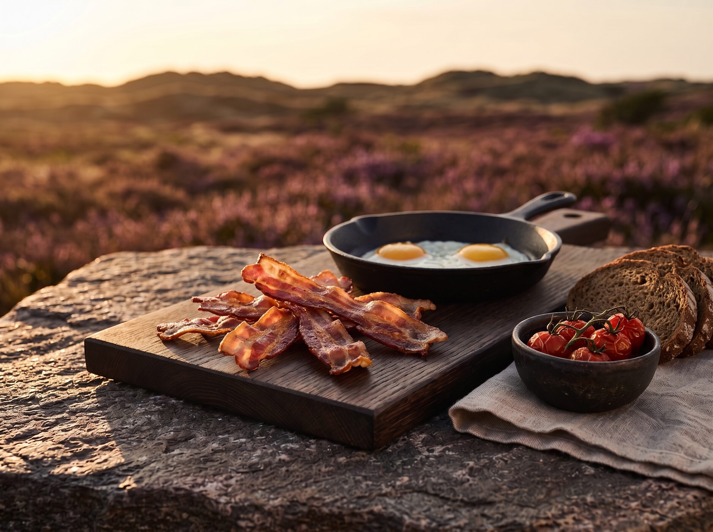 Sprødt bacon på et bræt på heden, med spejlæg, ristede tomater og rugbrød ved siden af.