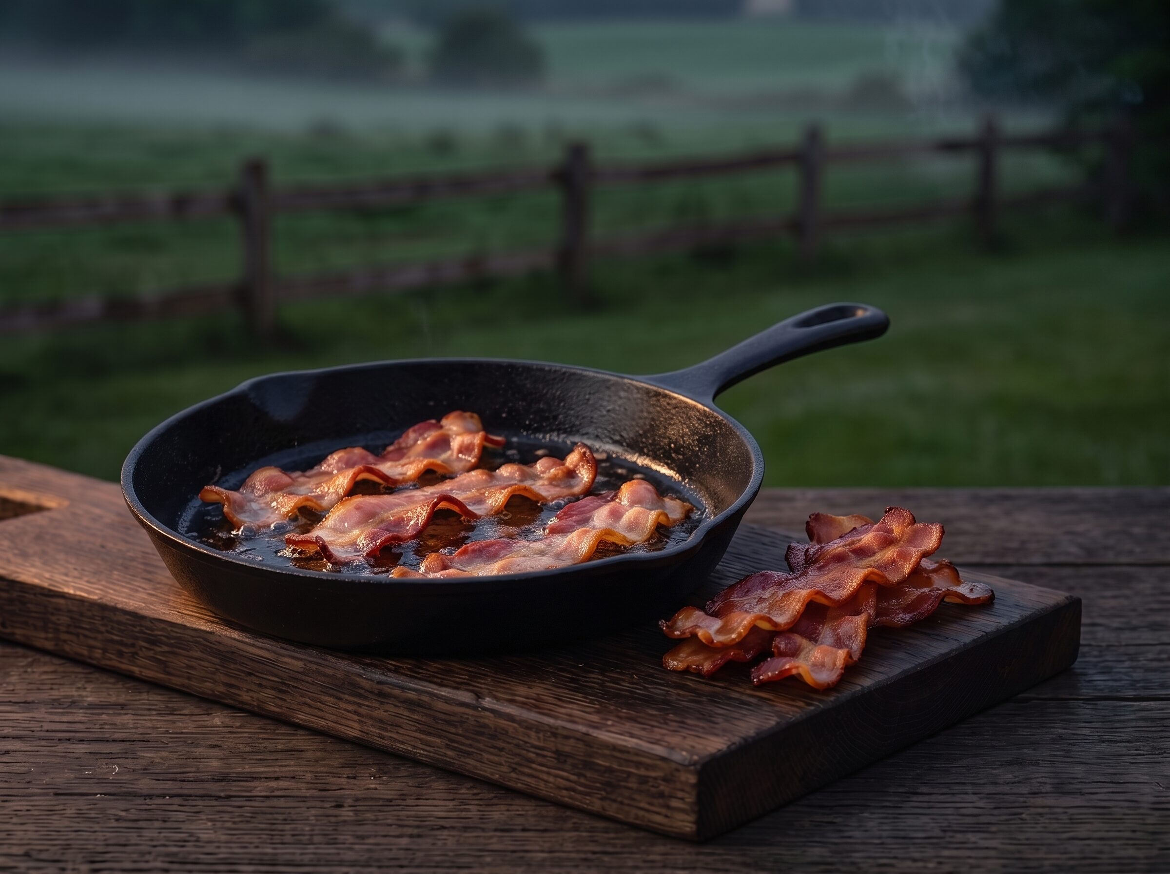Baconskiver der steger sprøde i en støbejernspande på gården i skumringen.