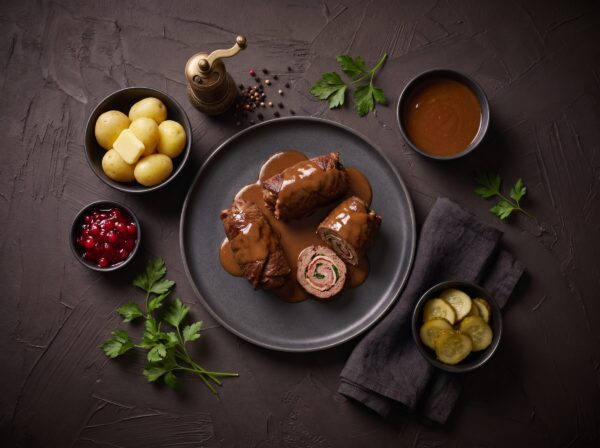 Benløse fugle med kartofler, ribsgelé og agurkesalat
