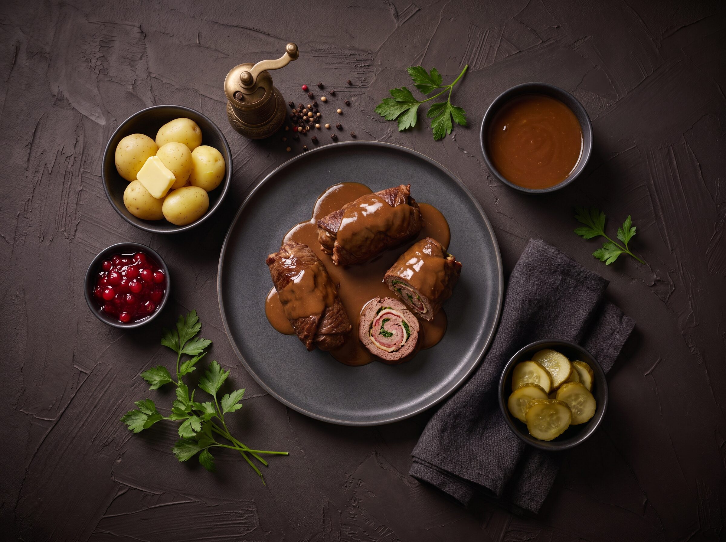 Benløse fugle med kartofler, ribsgelé og agurkesalat