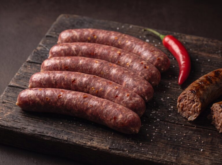 Fem rå bison grillpølser med chili på et mørkt træbræt, med en frisk chili og en grillet pølse ved siden af.