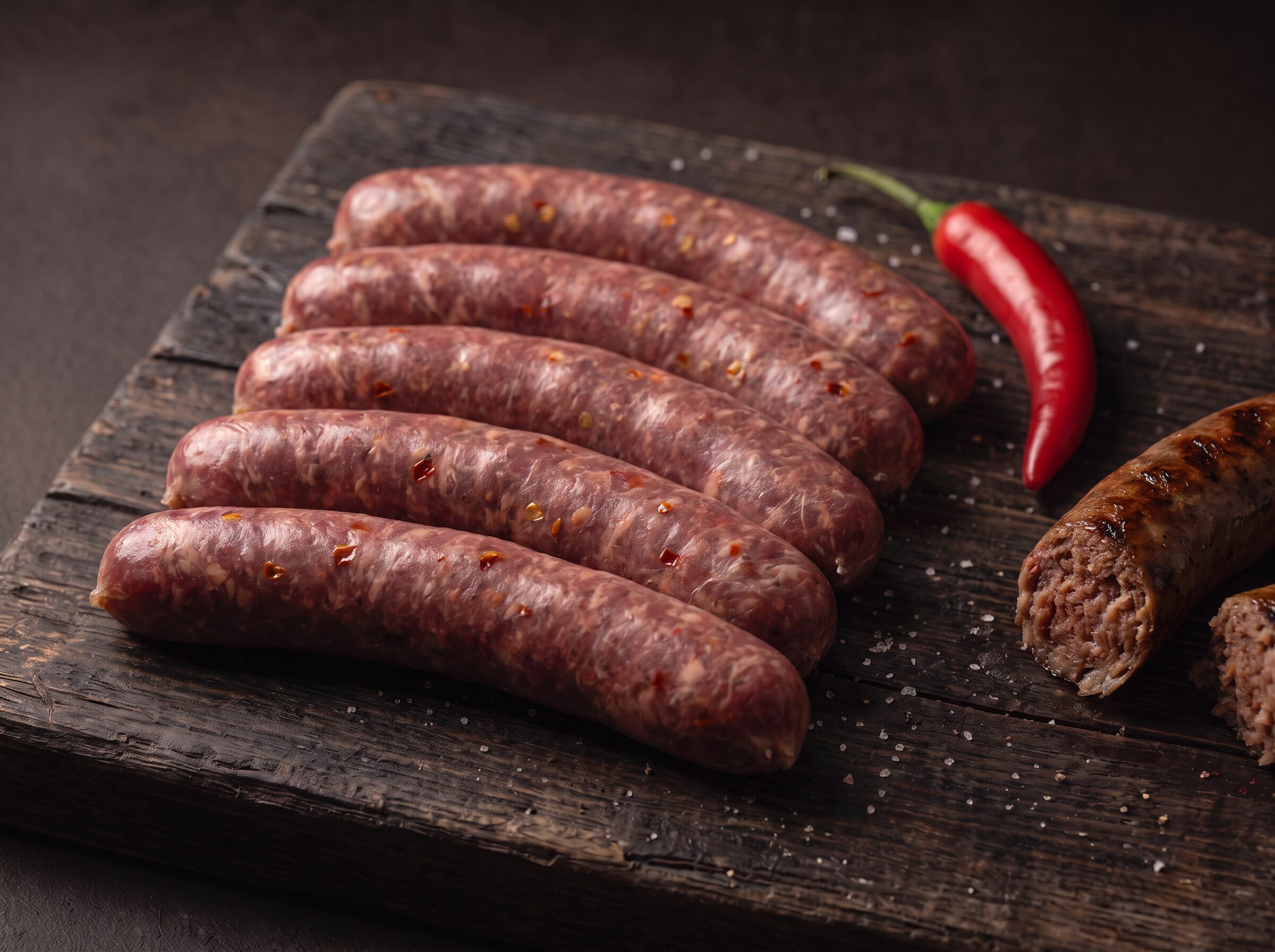 Fem rå bison grillpølser med chili på et mørkt træbræt, med en frisk chili og en grillet pølse ved siden af.