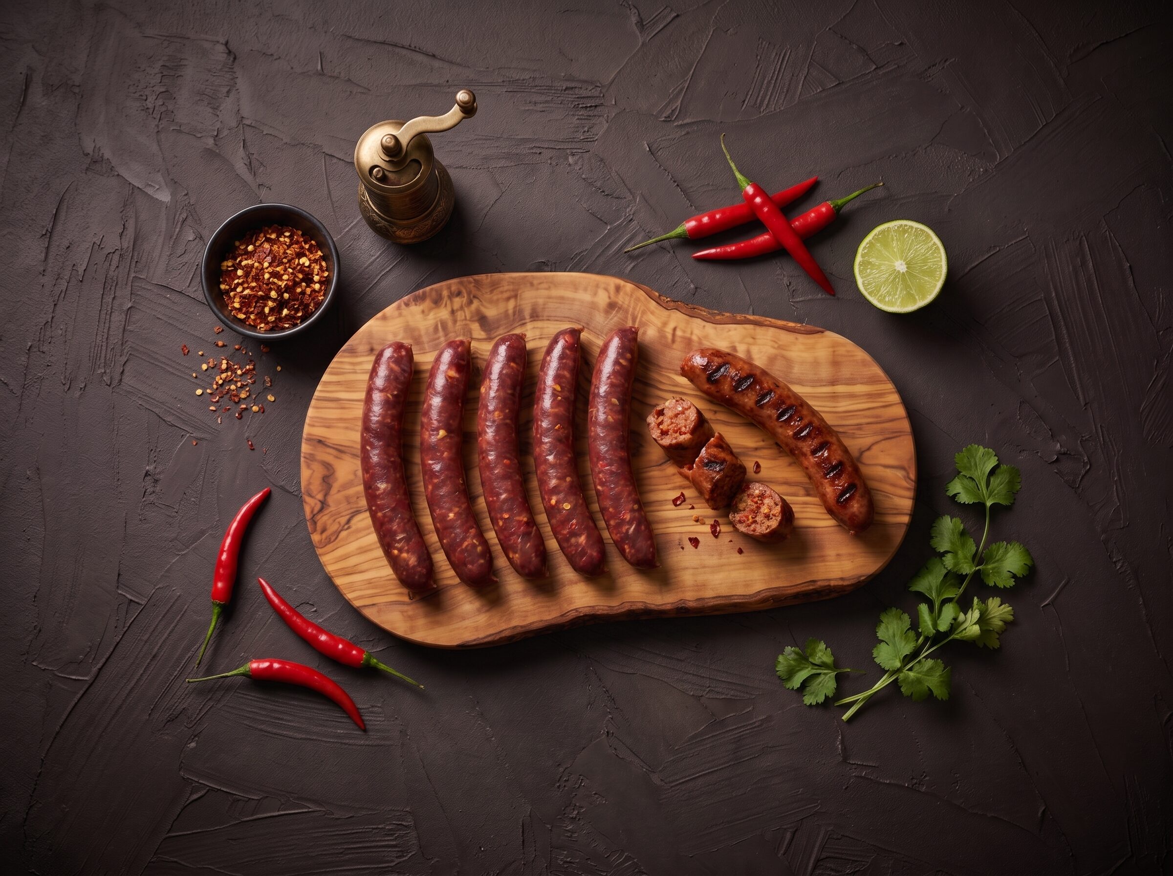 Fem rå bison grillpølser med chili på et oliventræsbræt, med en grillet pølse ved siden af og friske chilier omkring.
