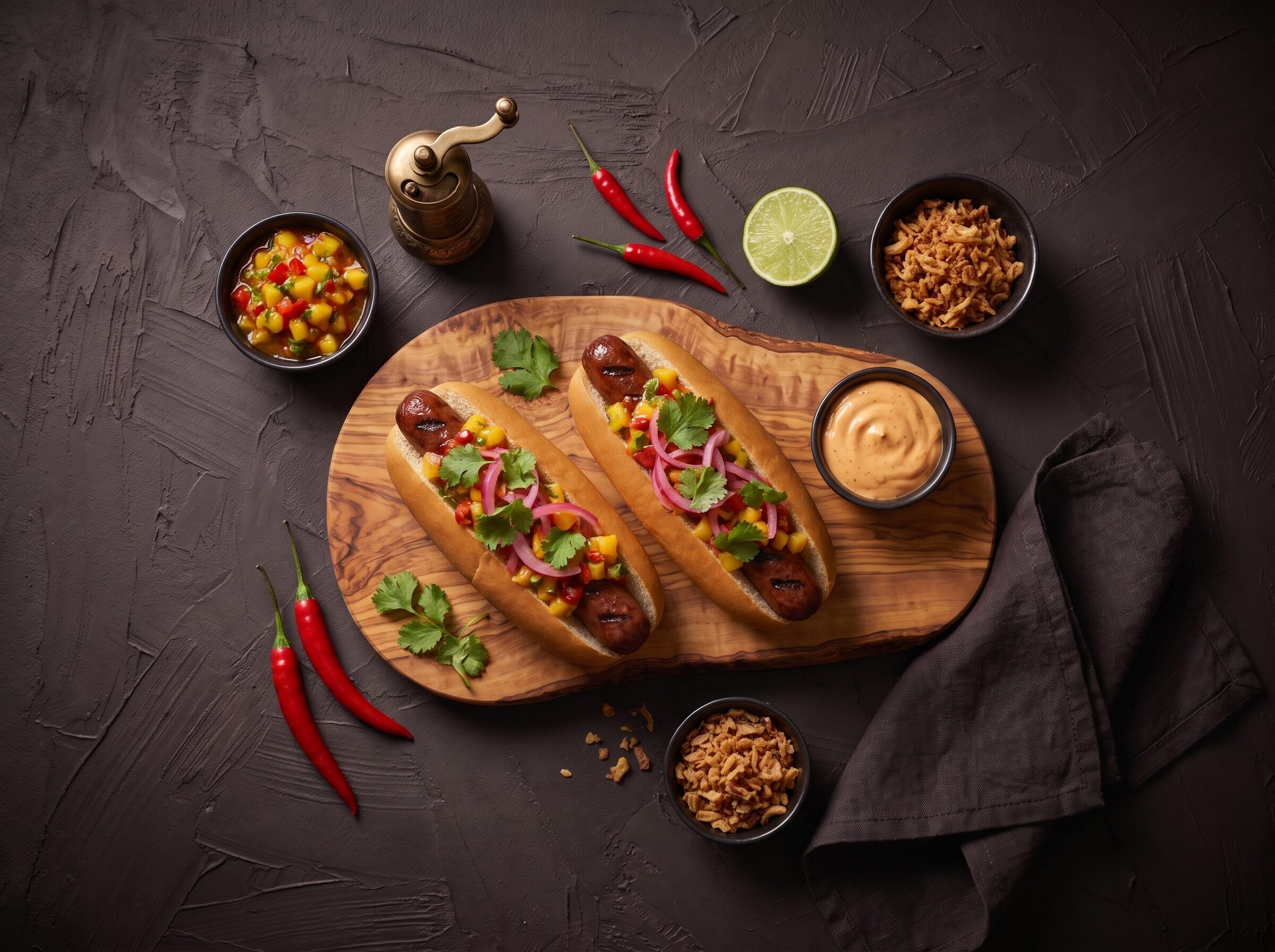 Hotdogs med grillede bison chilipølser, mango-chilisalsa og koriander, med chipotlemayo og ristede løg ved siden af.