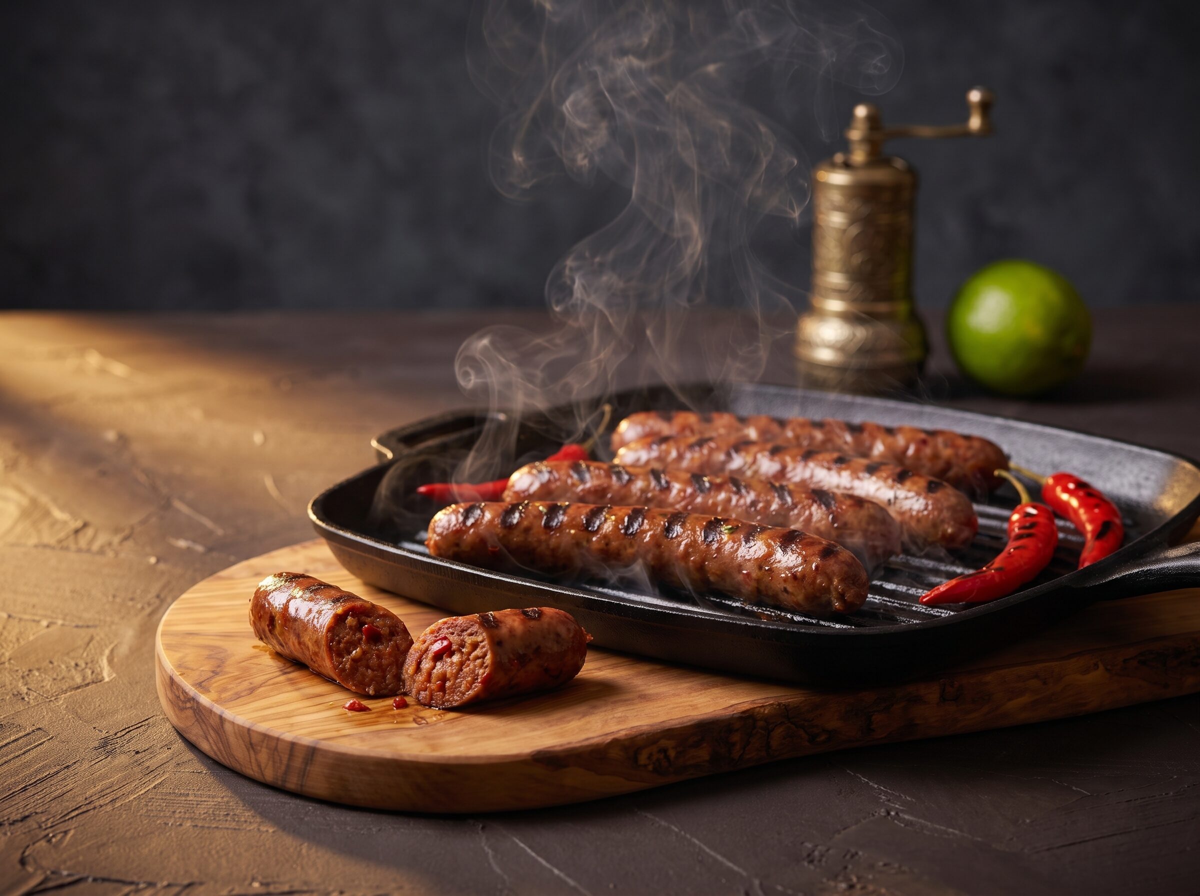 Bison chilipølser på en støbejerns grillpande med grillede chilier, med en skåret pølse på brættet.
