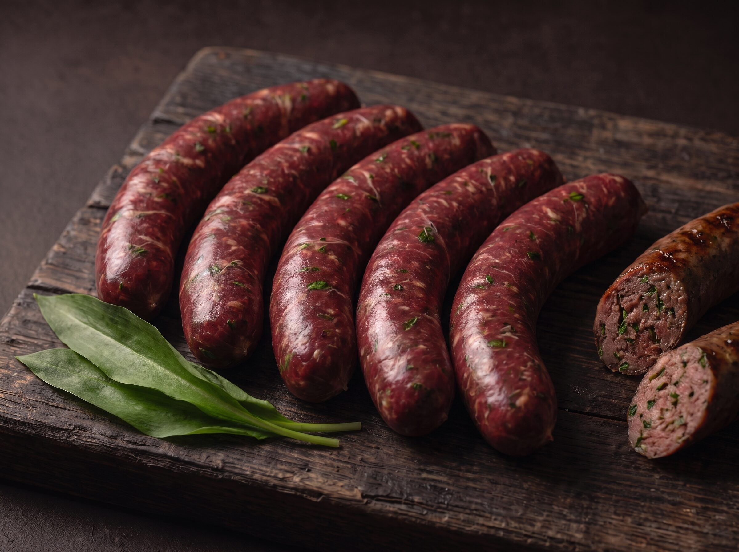 Fem rå bison grillpølser med timian og ramsløg på et mørkt træbræt, med ramsløgsblade og en grillet pølse ved siden af.