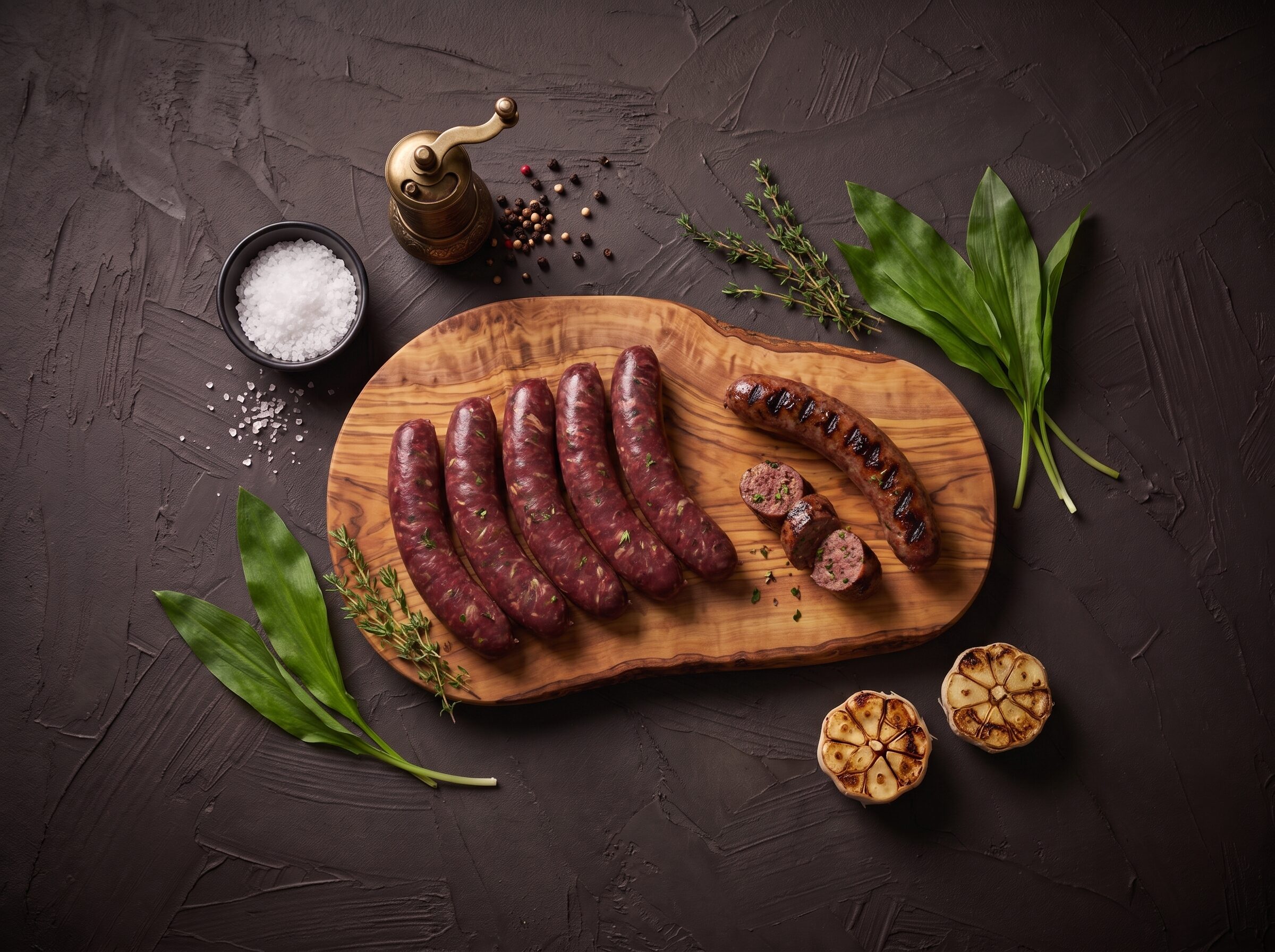 Fem rå bison grillpølser med timian og ramsløg på et oliventræsbræt, med en grillet pølse og friske ramsløgsblade omkring.