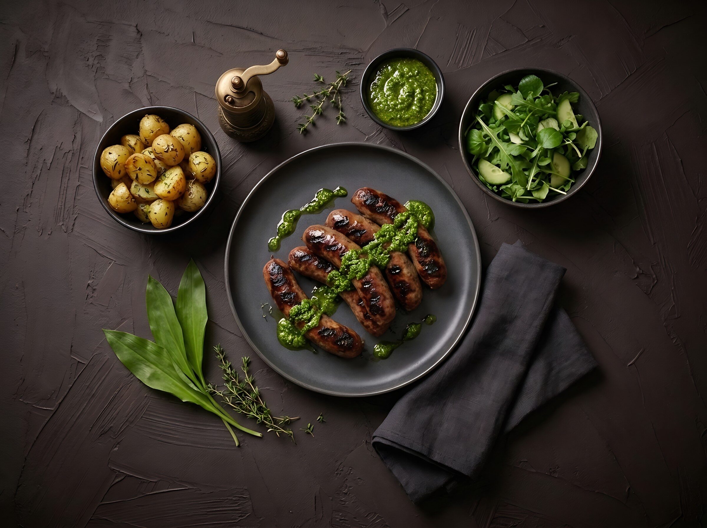 Grillede bisonpølser med ramsløgspesto på en mørk tallerken, med nye kartofler og grøn salat ved siden af.