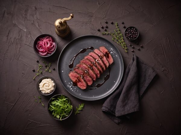 Tynde skiver stegt bisonhjerte med balsamico-glace på en mørk tallerken, med syltede rødløg, peberrodscreme og rucola ved siden af.
