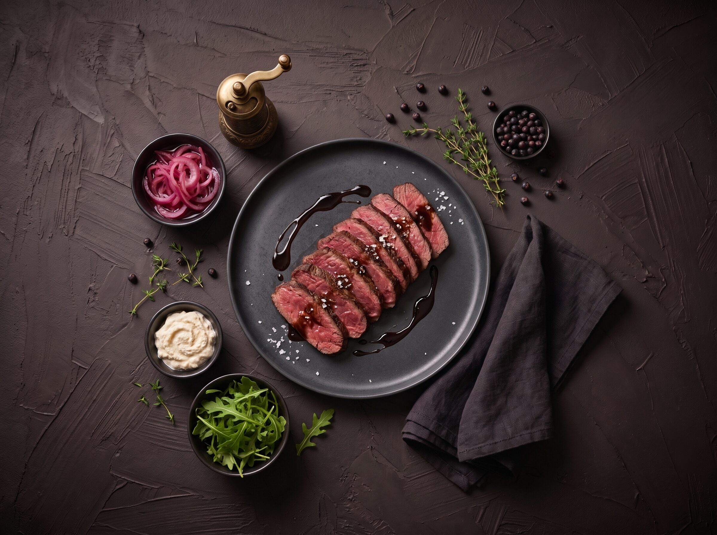 Tynde skiver stegt bisonhjerte med balsamico-glace på en mørk tallerken, med syltede rødløg, peberrodscreme og rucola ved siden af.