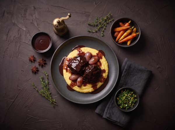 To braiserede bisonkæber på polenta med blank rødvinssauce, med gulerødder og gremolata ved siden af.