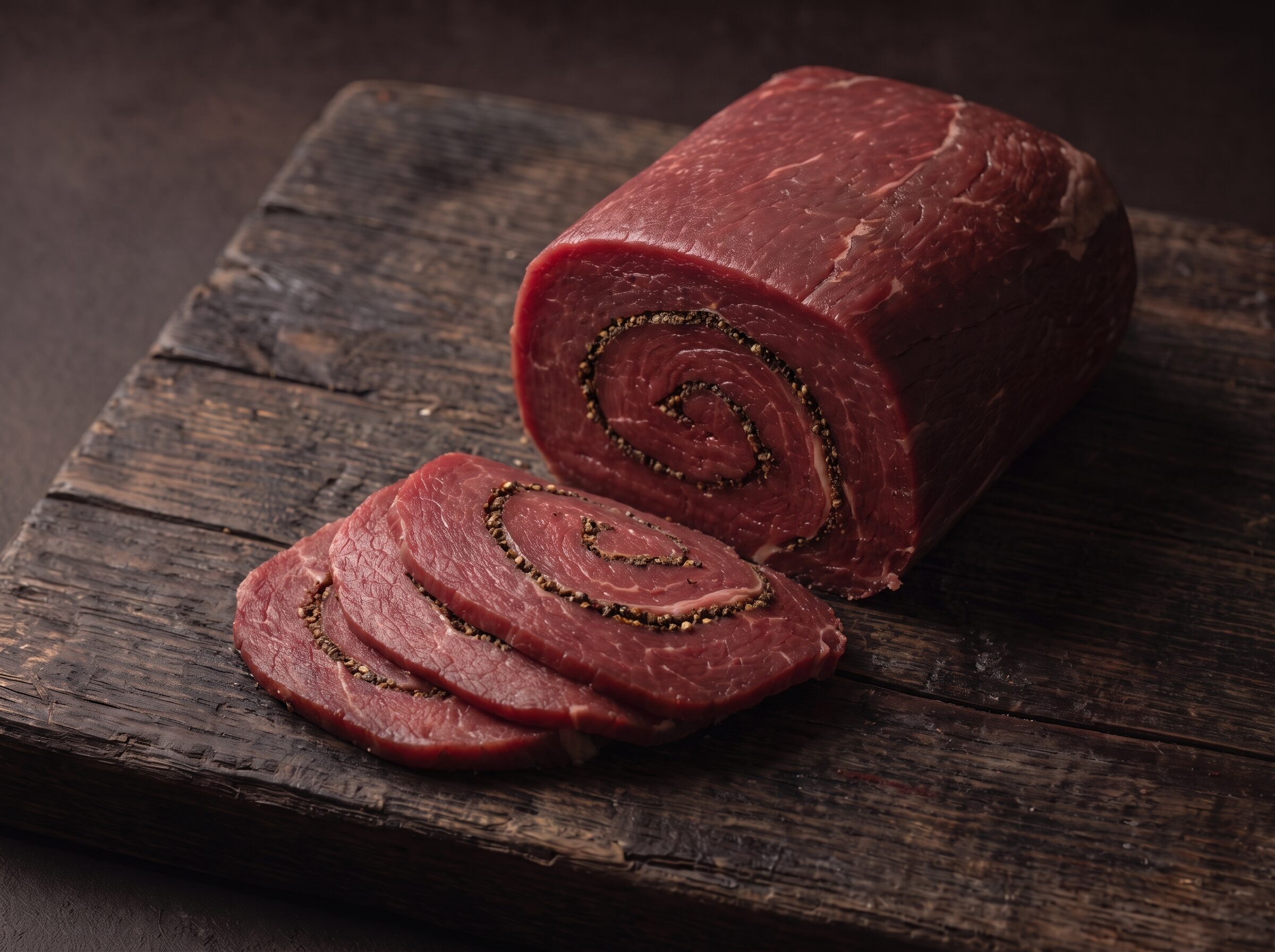 Bisonrullepølse med krydderispiral på et mørkt træbræt, med tynde skiver foran.