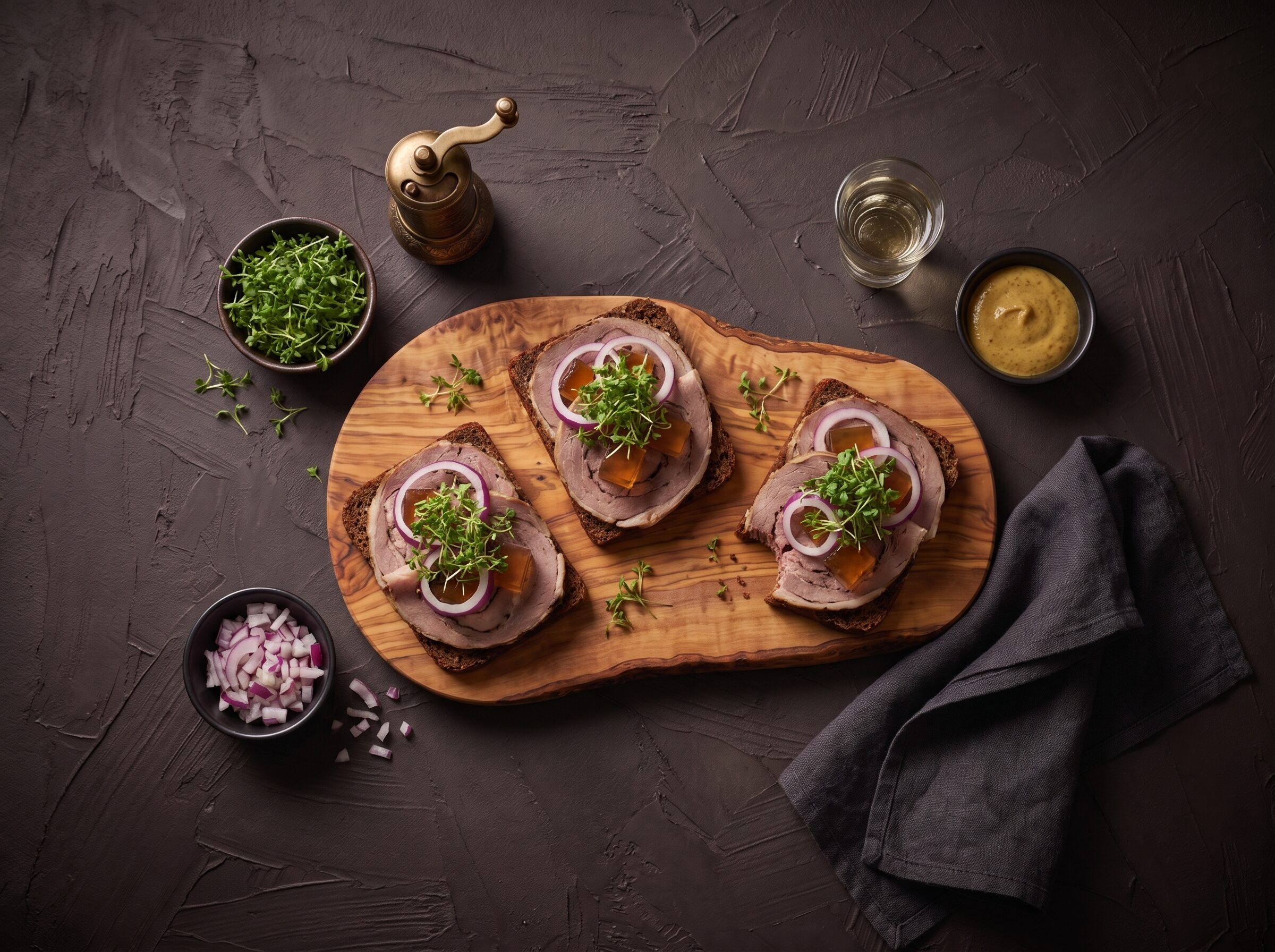 Tre stykker smørrebrød med bisonrullepølse, sky, løg og karse på et bræt.