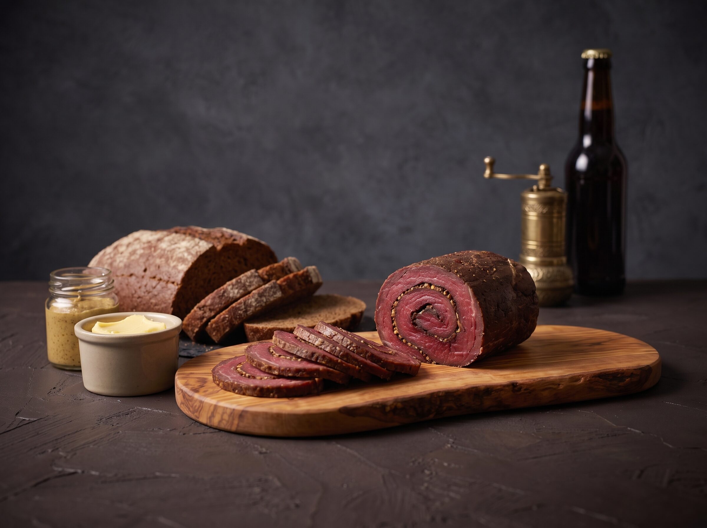 Bisonrullepølse i skiver på et bræt med rugbrød, smør og sennep.