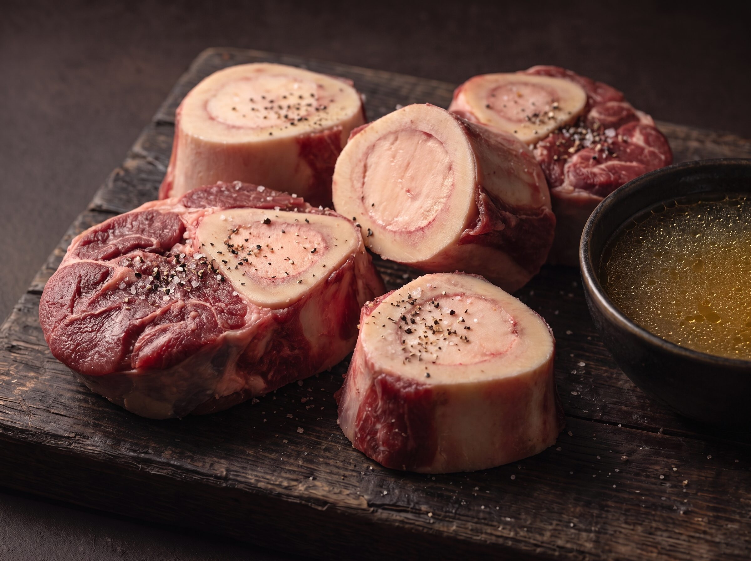 Rå suppeben af bison med marv på et mørkt træbræt, med en skål klar bouillon ved siden af.