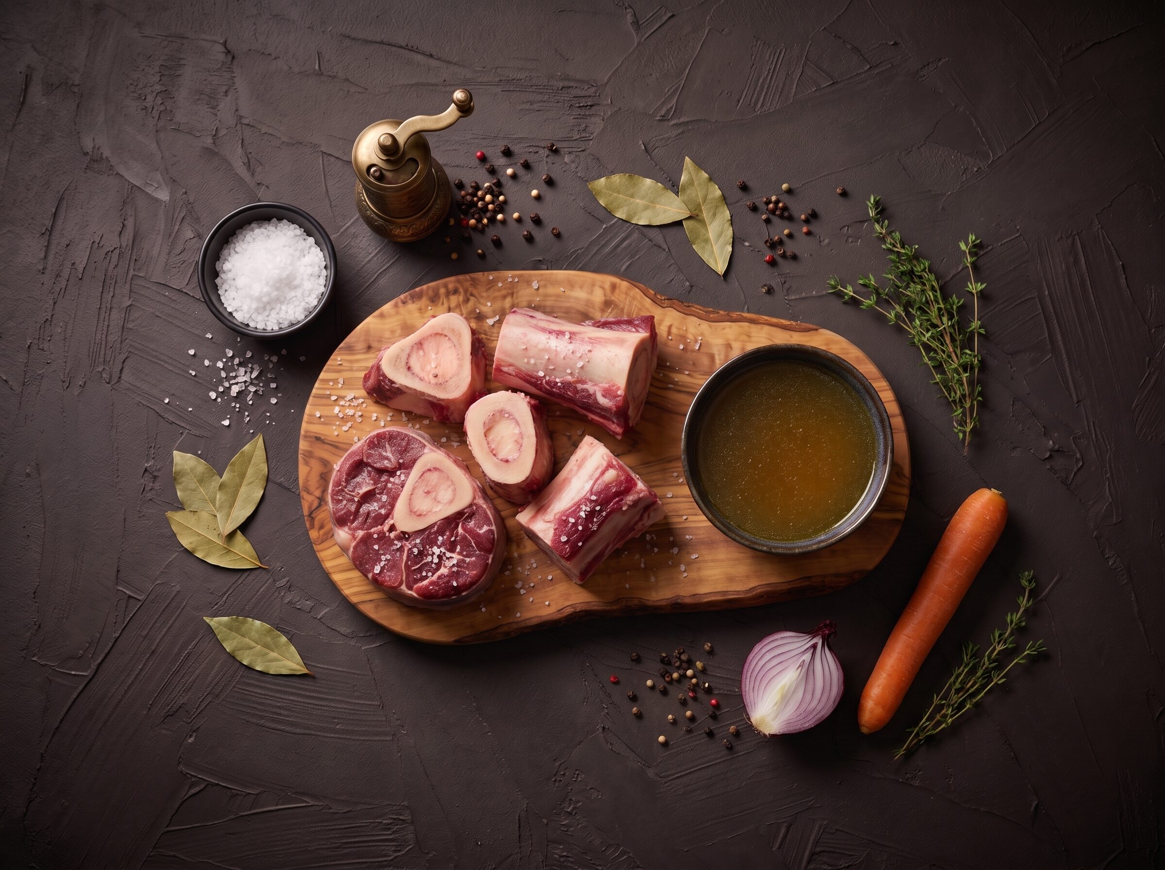 Rå suppeben af bison med marv på et oliventræsbræt, med en skål klar bouillon ved siden af.