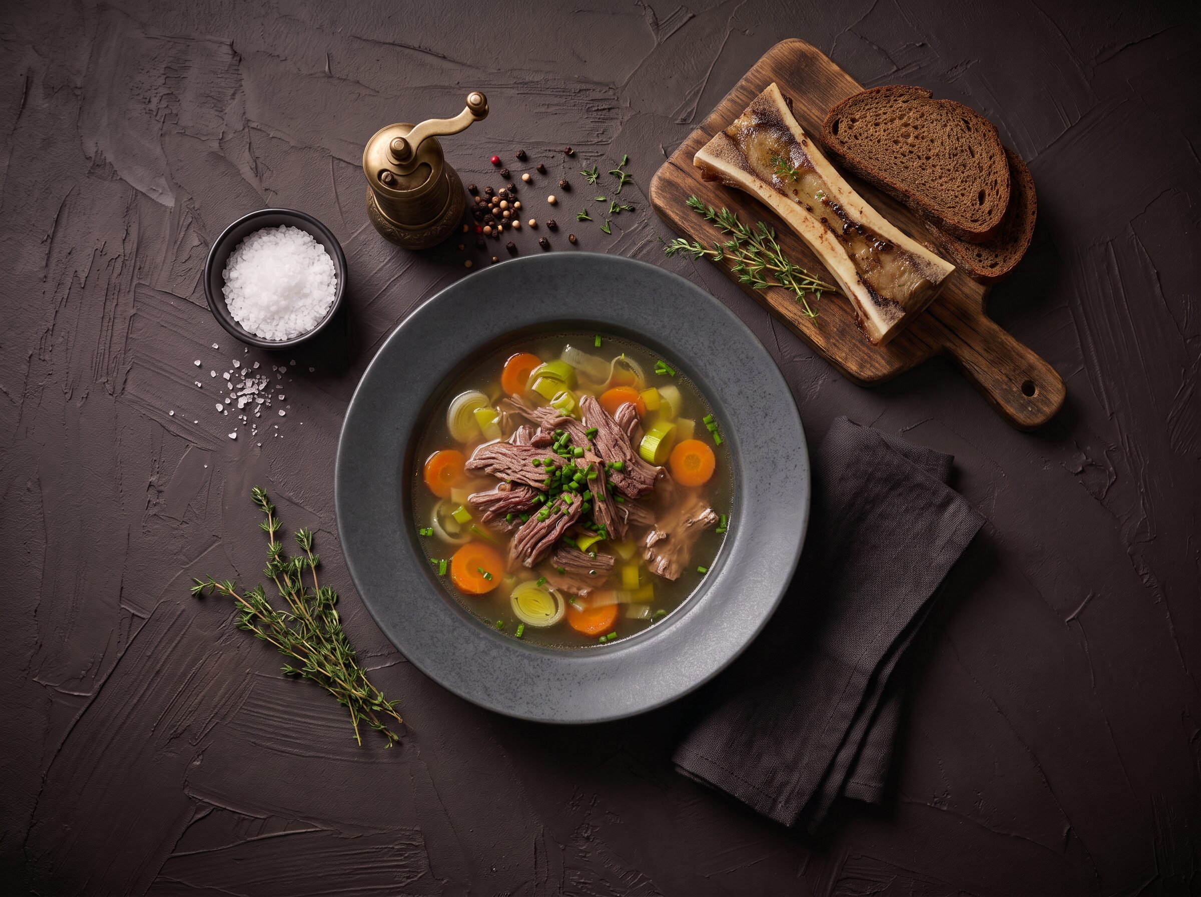 En skål klar bisonbouillon med mørt kød og grøntsager, med et ristet marvben og rugbrød ved siden af.