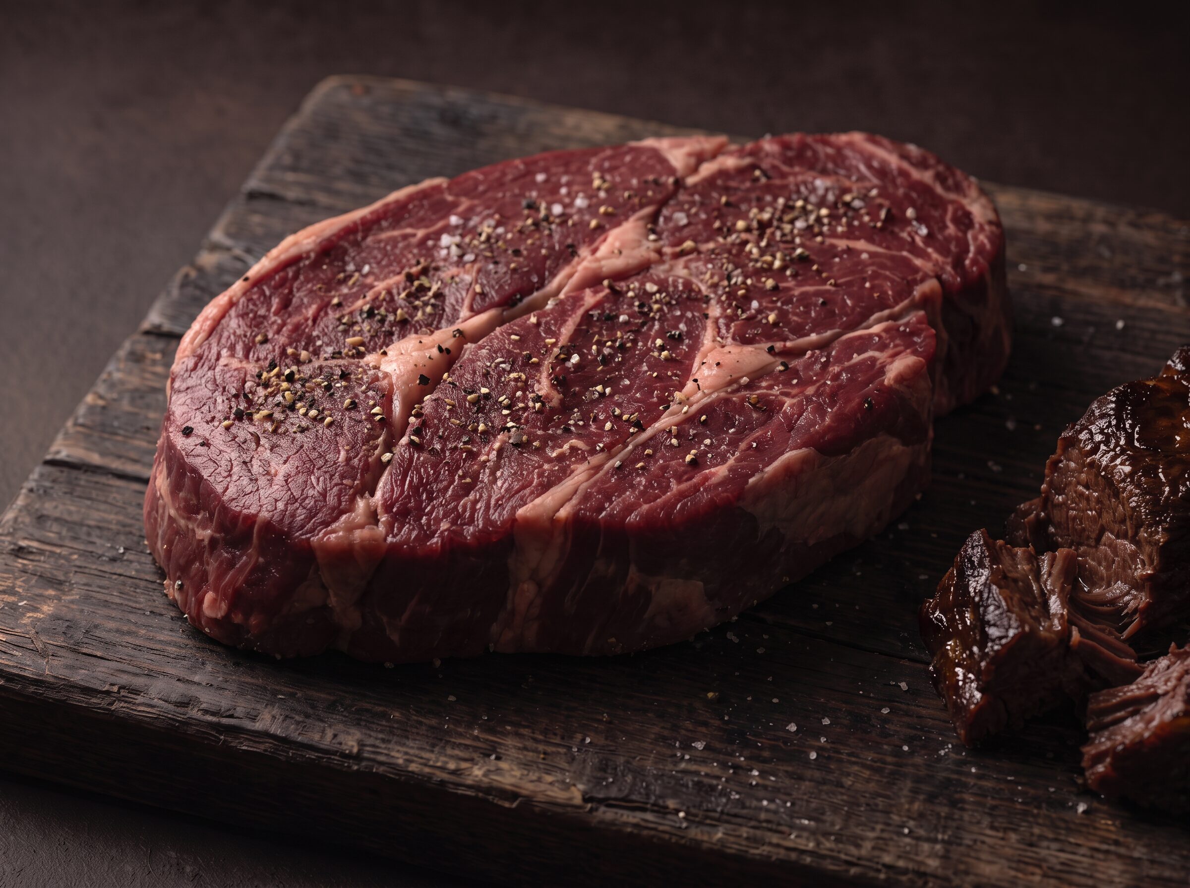 Rå bison tykkam med salt og peber på et mørkt træbræt, med mørt braiseret kød ved siden af.