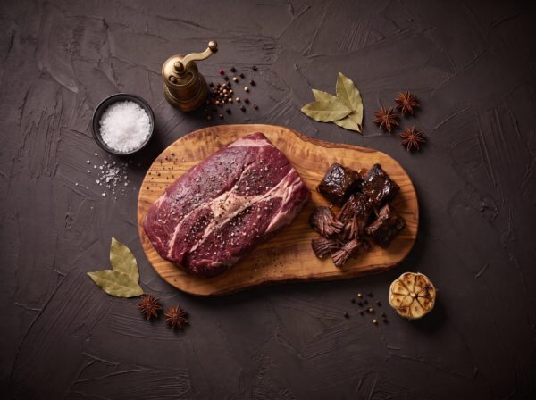 Rå bison tykkam med salt og peber på et oliventræsbræt, med mørt langtidsbraiseret kød ved siden af.