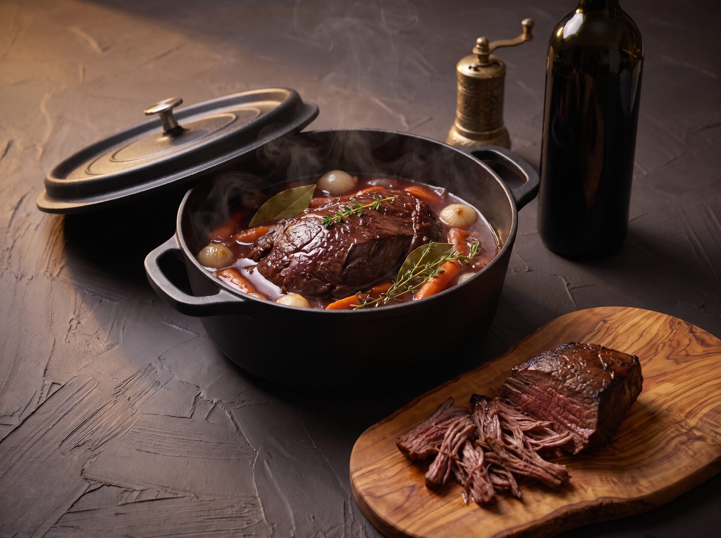 Bison tykkam der braiserer i rødvin med gulerødder og løg i en støbejernsgryde, med pulled kød på brættet.