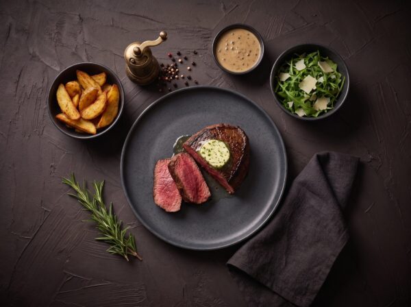 En mørbradbøf med kryddersmør på en mørk tallerken, med kartoffelbåde, flødepebersauce og rucola ved siden af.
