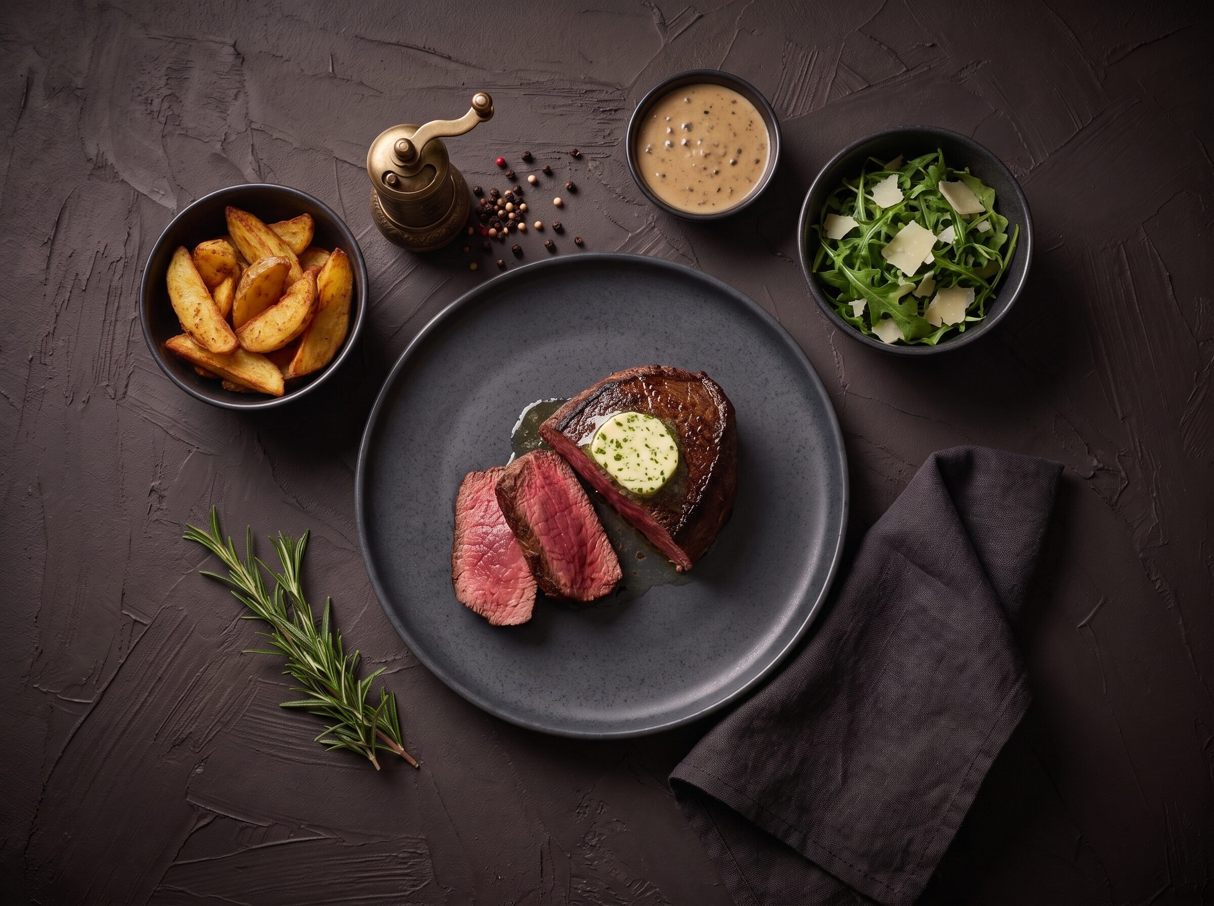 En mørbradbøf med kryddersmør på en mørk tallerken, med kartoffelbåde, flødepebersauce og rucola ved siden af.