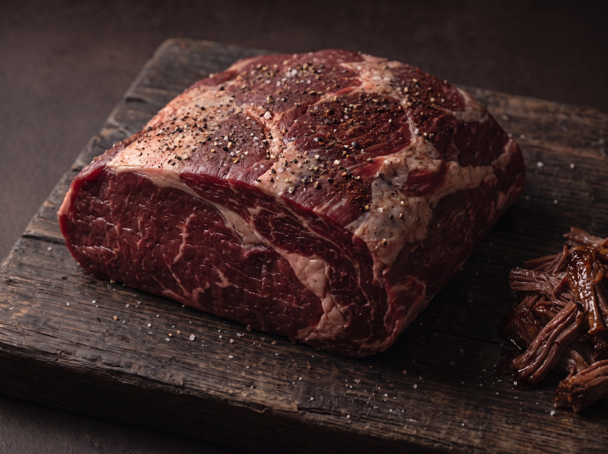 Rå bov af bison med salt og peber på et mørkt træbræt, med pulled bison ved siden af.