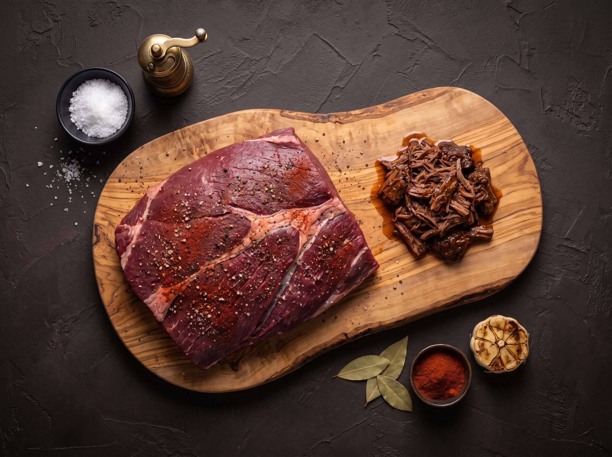Rå bov af bison med salt, peber og røget paprika på et oliventræsbræt, med mørt pulled kød ved siden af.