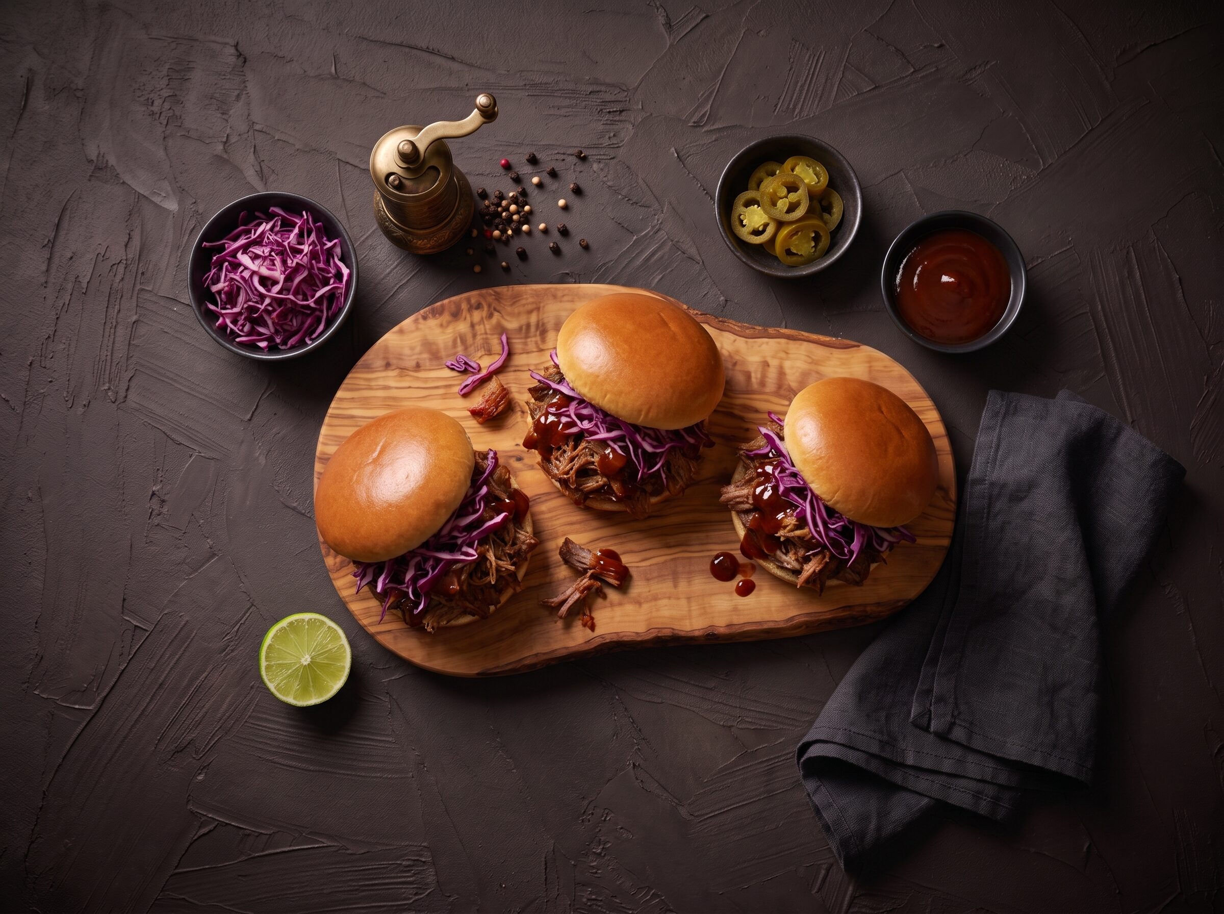 Briocheboller med pulled bison, BBQ-sauce og rødkålsslaw på et bræt, med jalapeños og lime ved siden af.