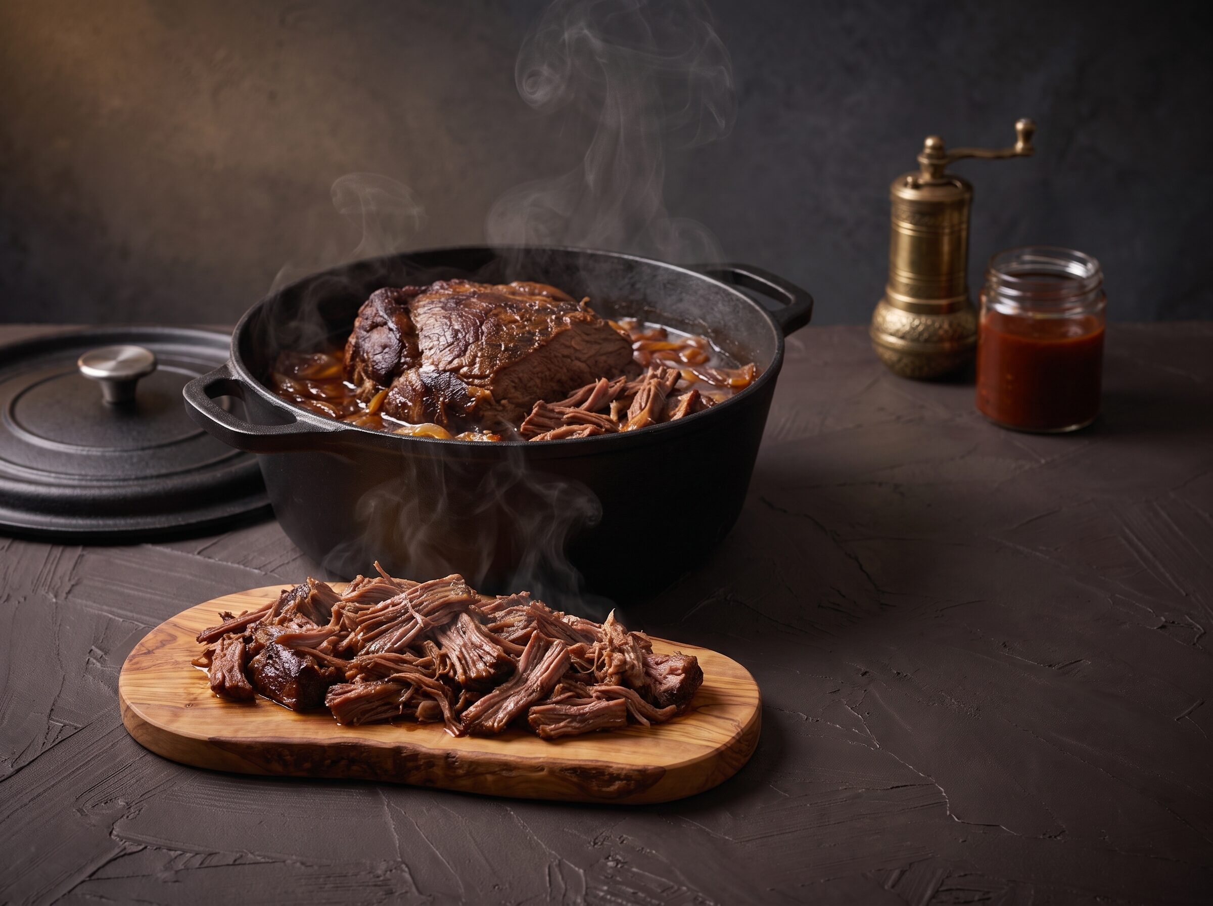 Langtidsstegt bisonbov der falder fra hinanden i en støbejernsgryde, med pulled bison på brættet.