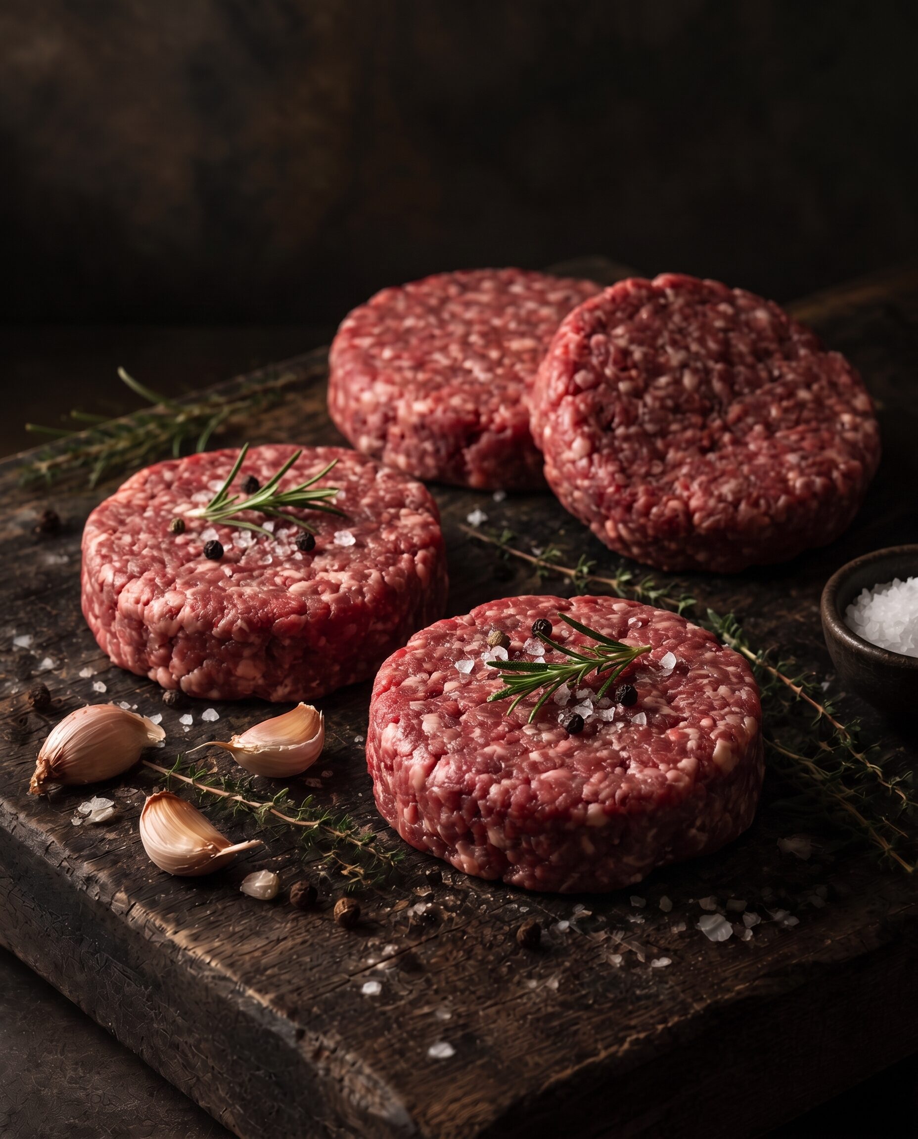 Fire rå burgerbøffer af græsfodret oksekød på et mørkt træbræt med flagesalt, sorte peberkorn, rosmarin, timian og hvidløg.