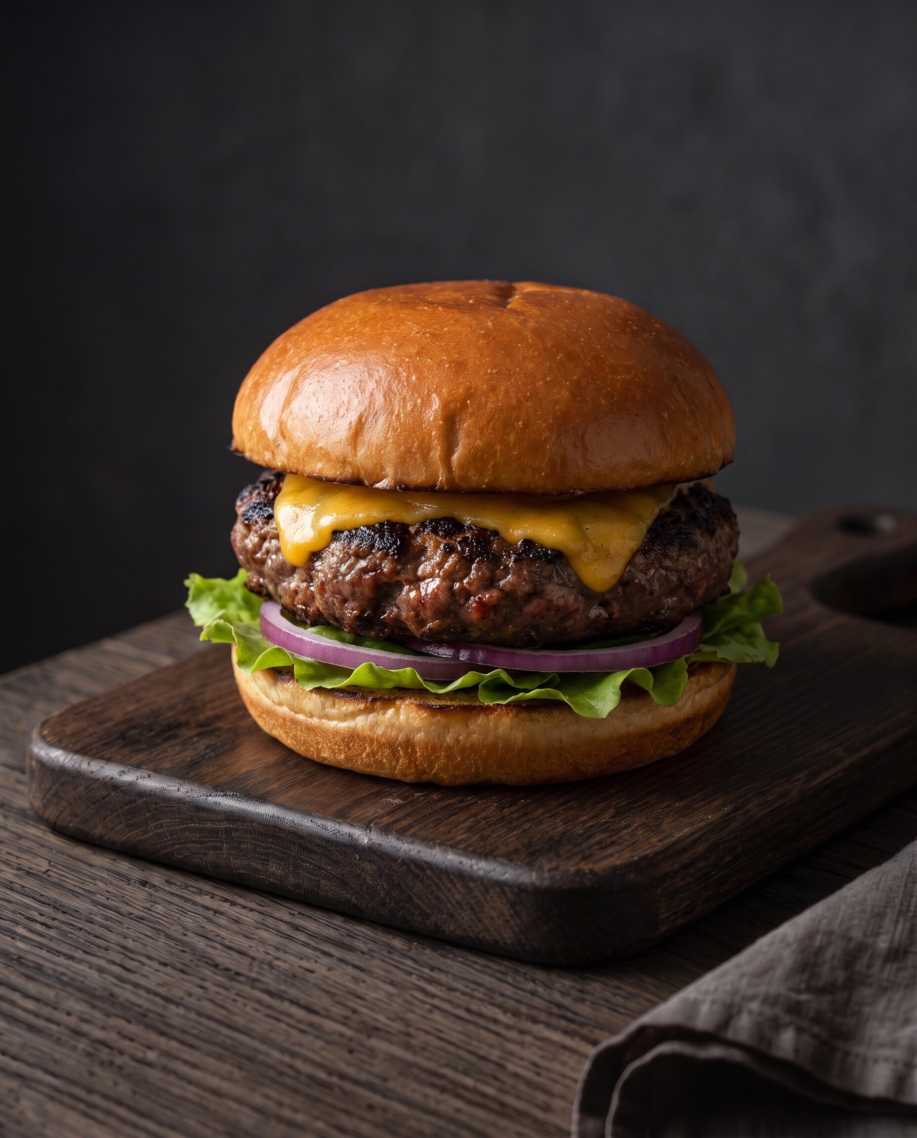 Grillet burger af græsfodret oksekød med smeltet ost, salat og rødløg i et ristet brioche-bol.