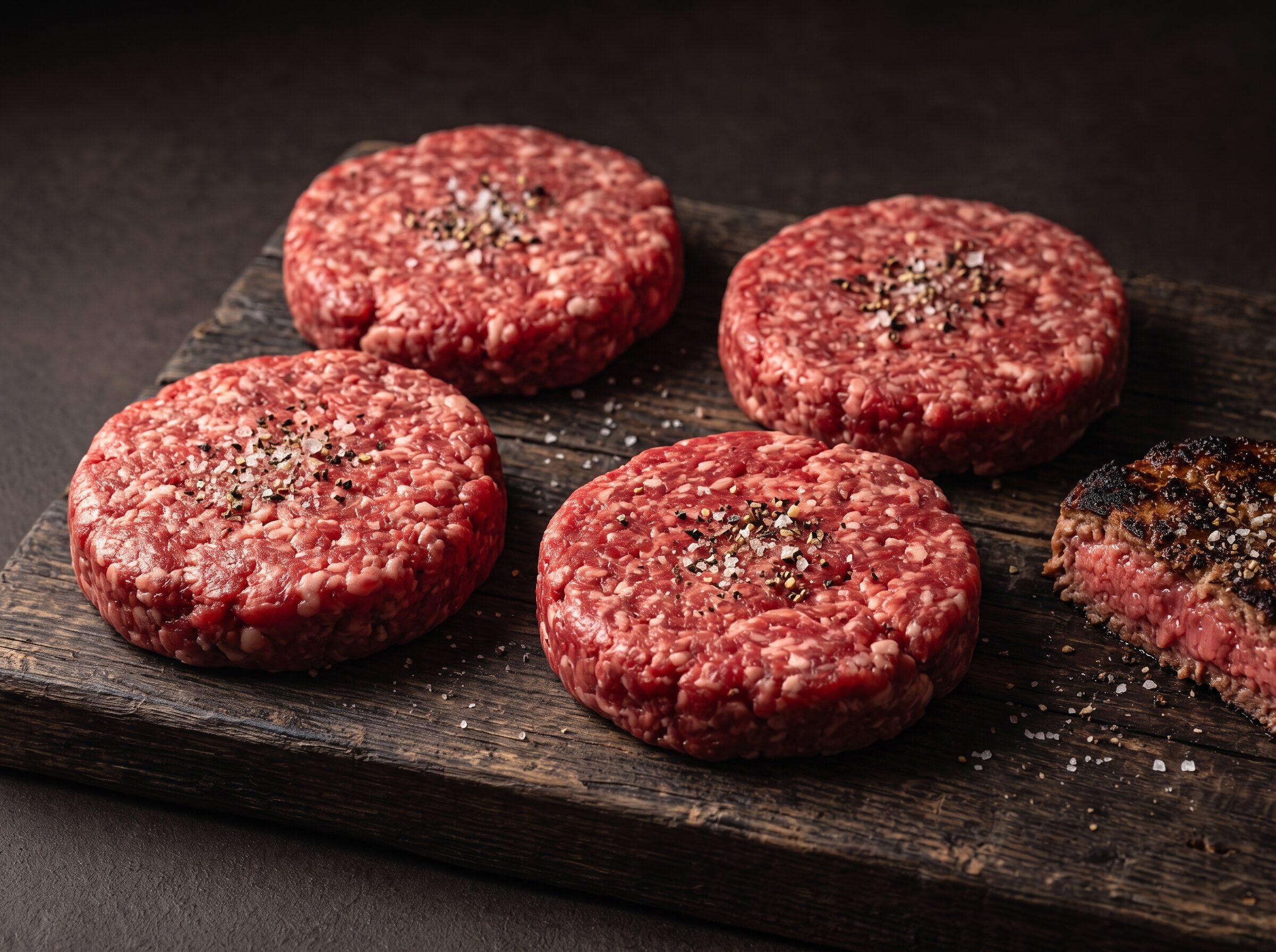Fire rå burgerbøffer af skotsk højlandskvæg på et mørkt træbræt, med en halveret grillet bøf ved siden af.