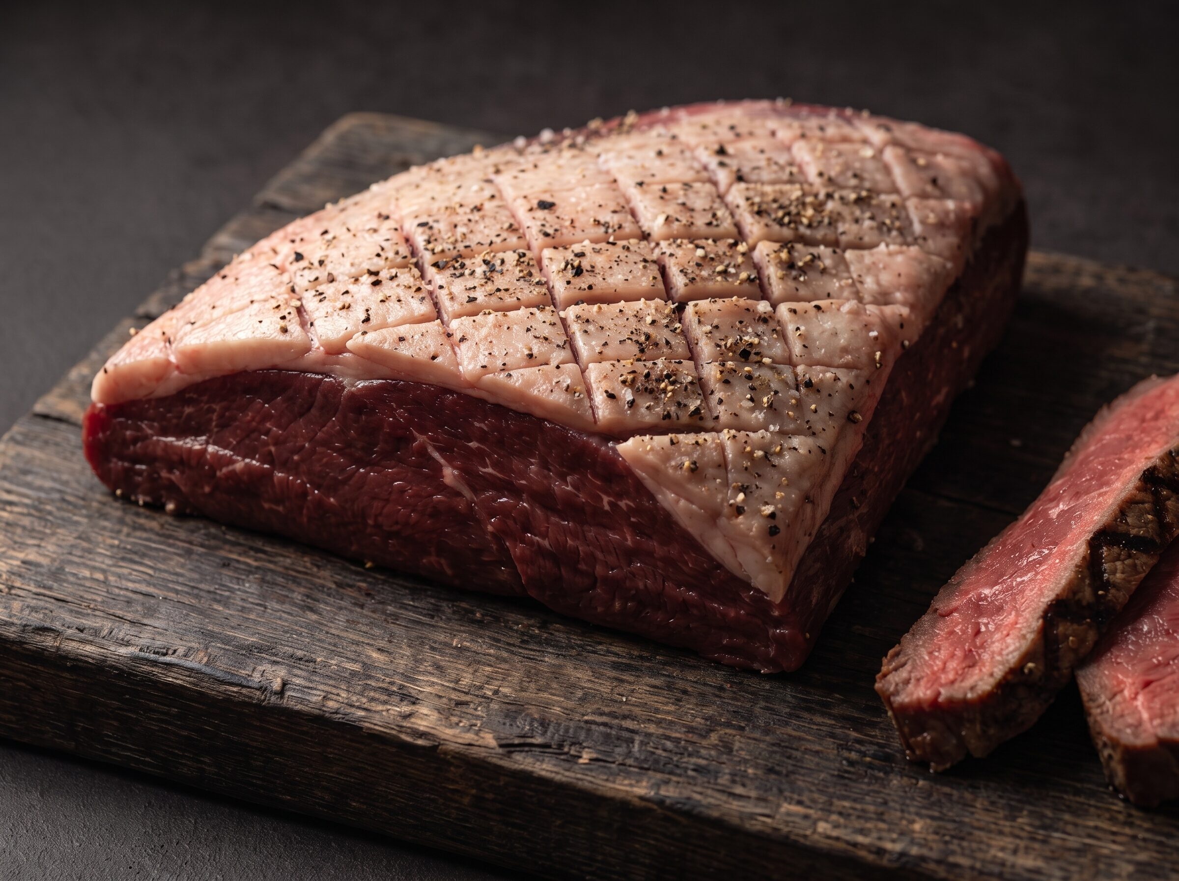 Rå culotte fra bison med ridset fedtkappe, salt og peber på et mørkt træbræt, med grillede skiver ved siden af.