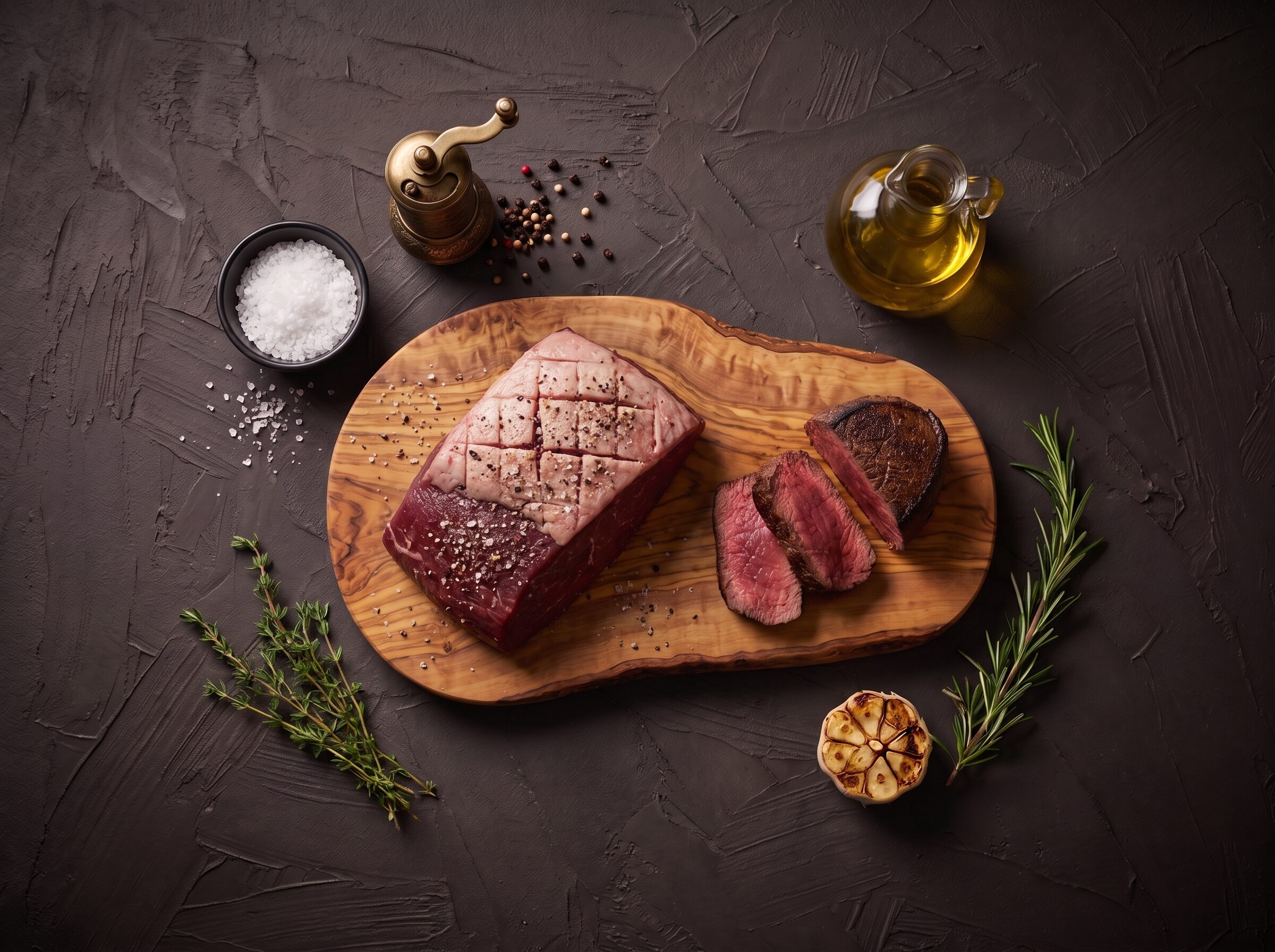 Rå culotte fra bison med ridset fedtkappe på et oliventræsbræt, med grillede skiver ved siden af.