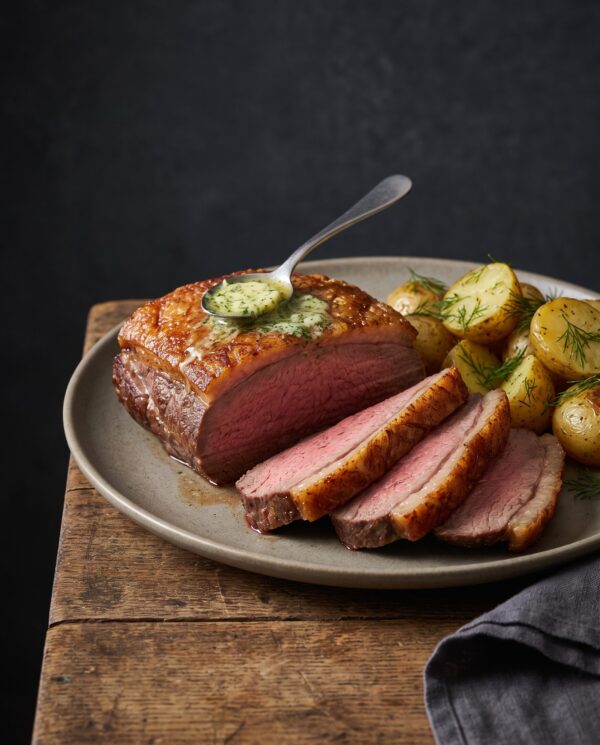 Ovnstegt culotte med sprødt fedtlag, skåret i skiver med rosa midte, serveret med nye kartofler, dild og kryddersmør.