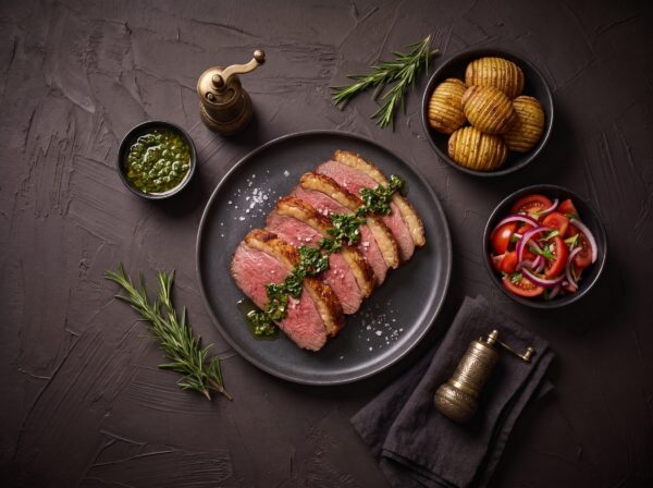 Skiver af stegt culotte med chimichurri på en mørk tallerken, med hasselbackkartofler og tomatsalat ved siden af.
