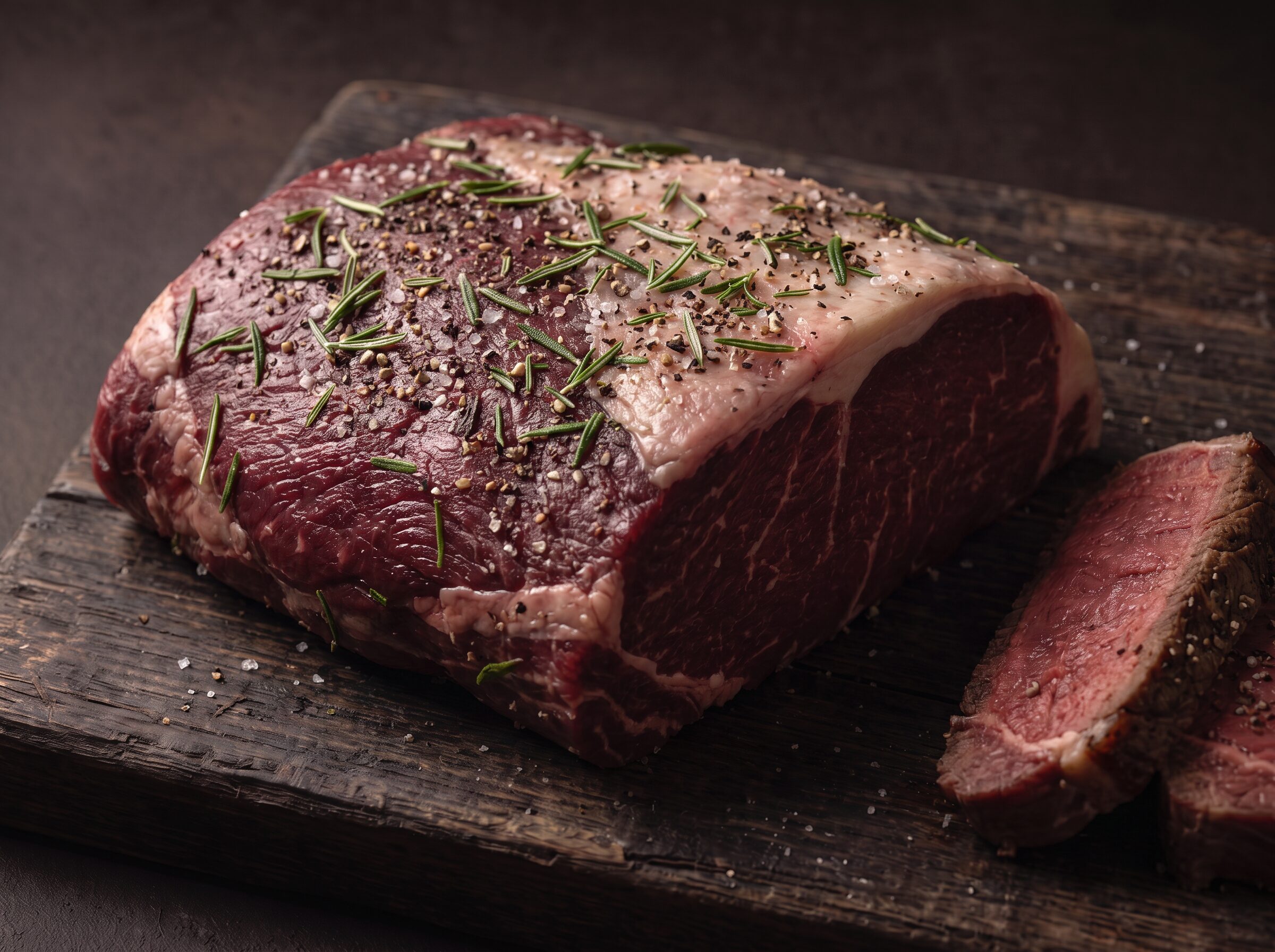 Rå cuvette af bison med salt, peber og rosmarin på et mørkt træbræt, med stegte skiver ved siden af.