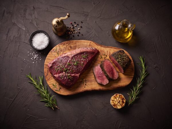 Rå cuvette af bison med salt, peber og rosmarin på et oliventræsbræt, med stegte skiver ved siden af.