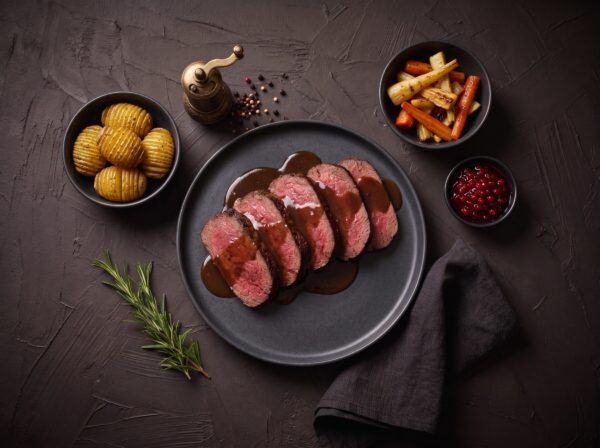 Skiver af bison cuvette med brun sky på en mørk tallerken, med hasselbackkartofler, rodfrugter og tyttebær ved siden af.