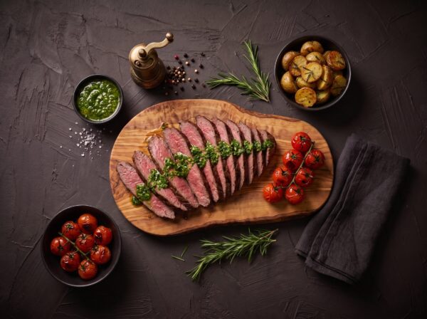 Tynde skiver grillet oksecuvette med salsa verde på et bræt, med kartofler og grillede tomater ved siden af.
