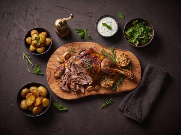 Pulled lammebov til deling med kartofler og yoghurt-myntesauce