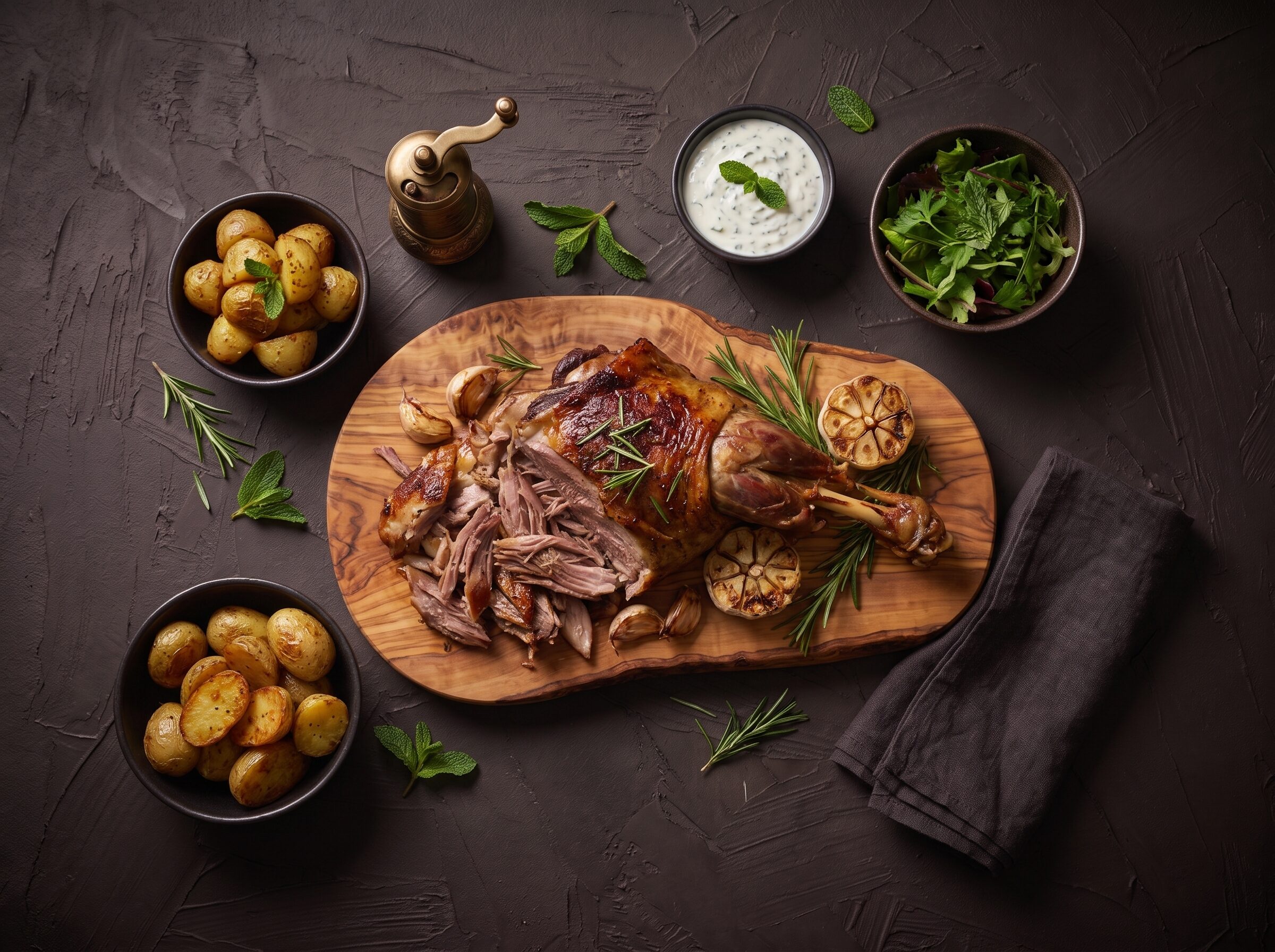 Pulled lammebov til deling med kartofler og yoghurt-myntesauce
