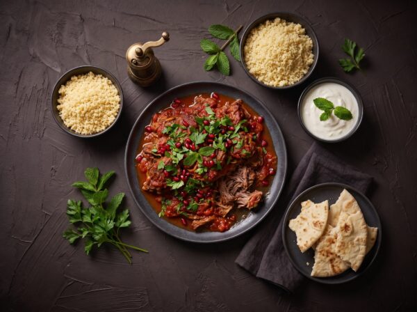 Pulled lammehals i tomatsauce med couscous og yoghurt