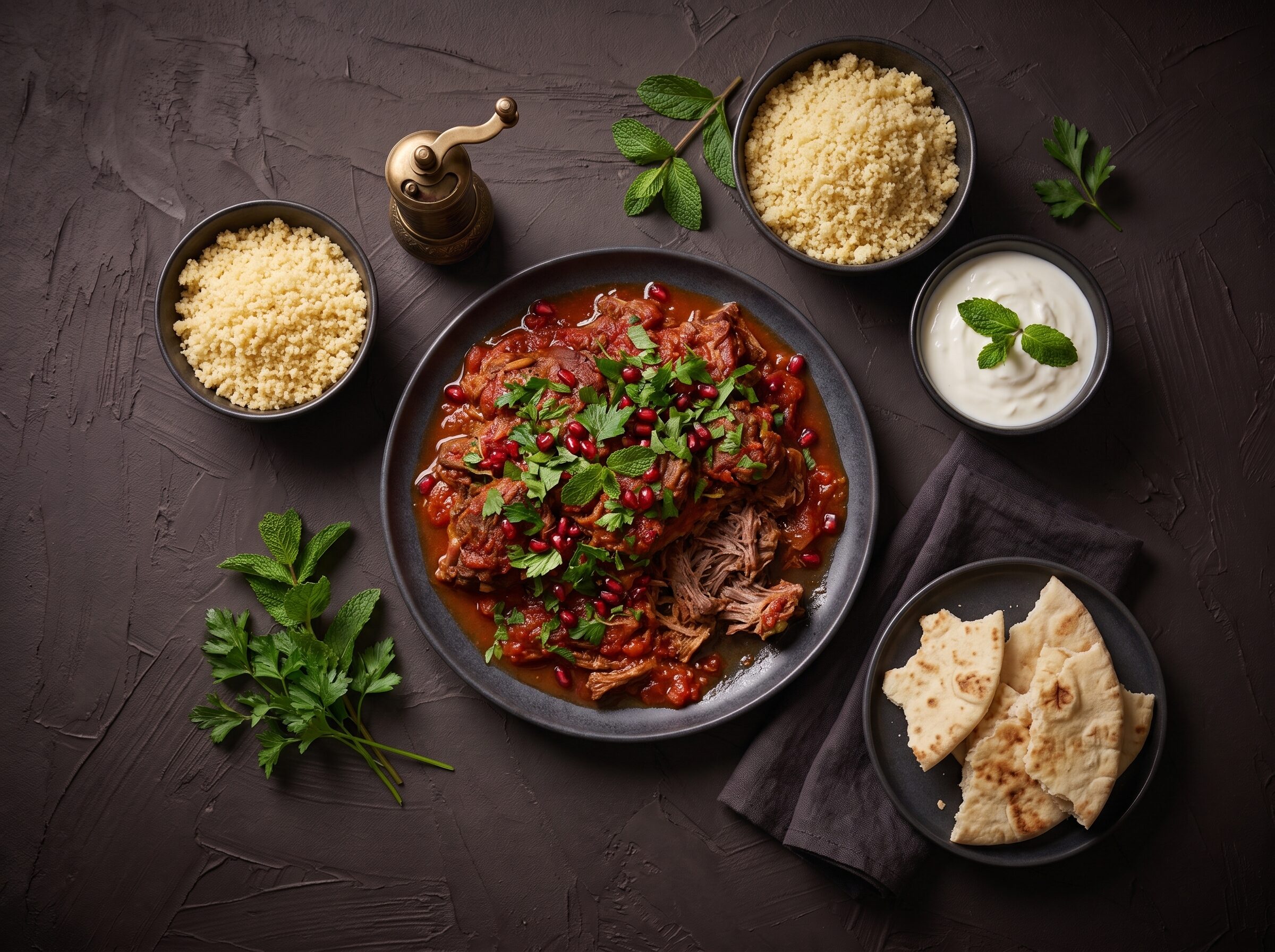 Pulled lammehals i tomatsauce med couscous og yoghurt