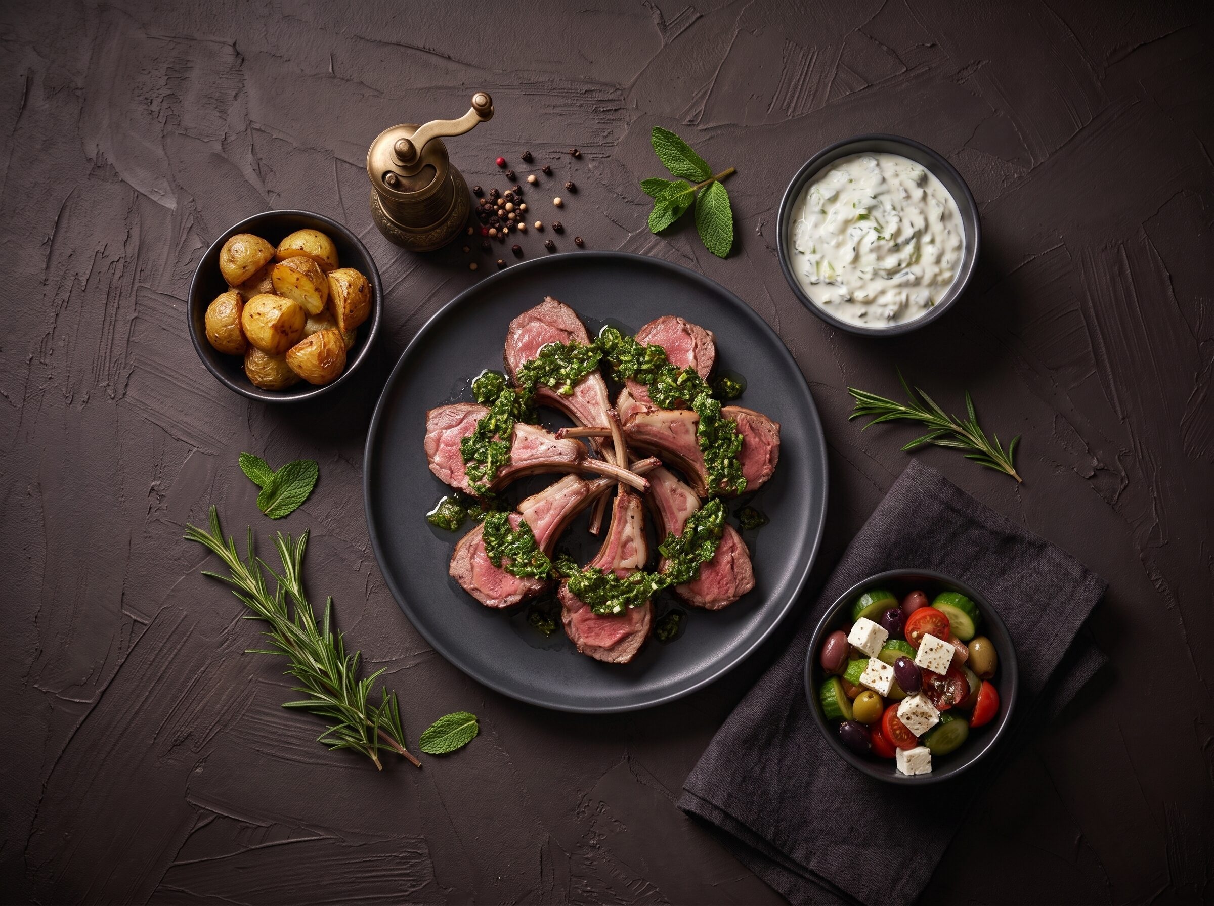 Grillede lammekoteletter med salsa verde, tzatziki og græsk salat