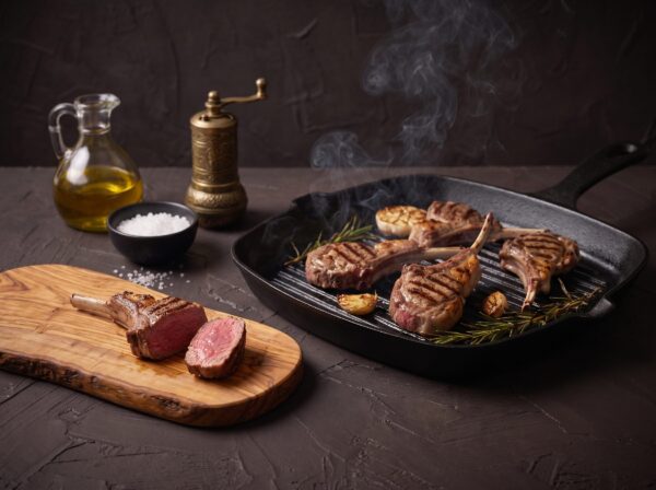 Lammekoteletter steges på grillpande med hvidløg