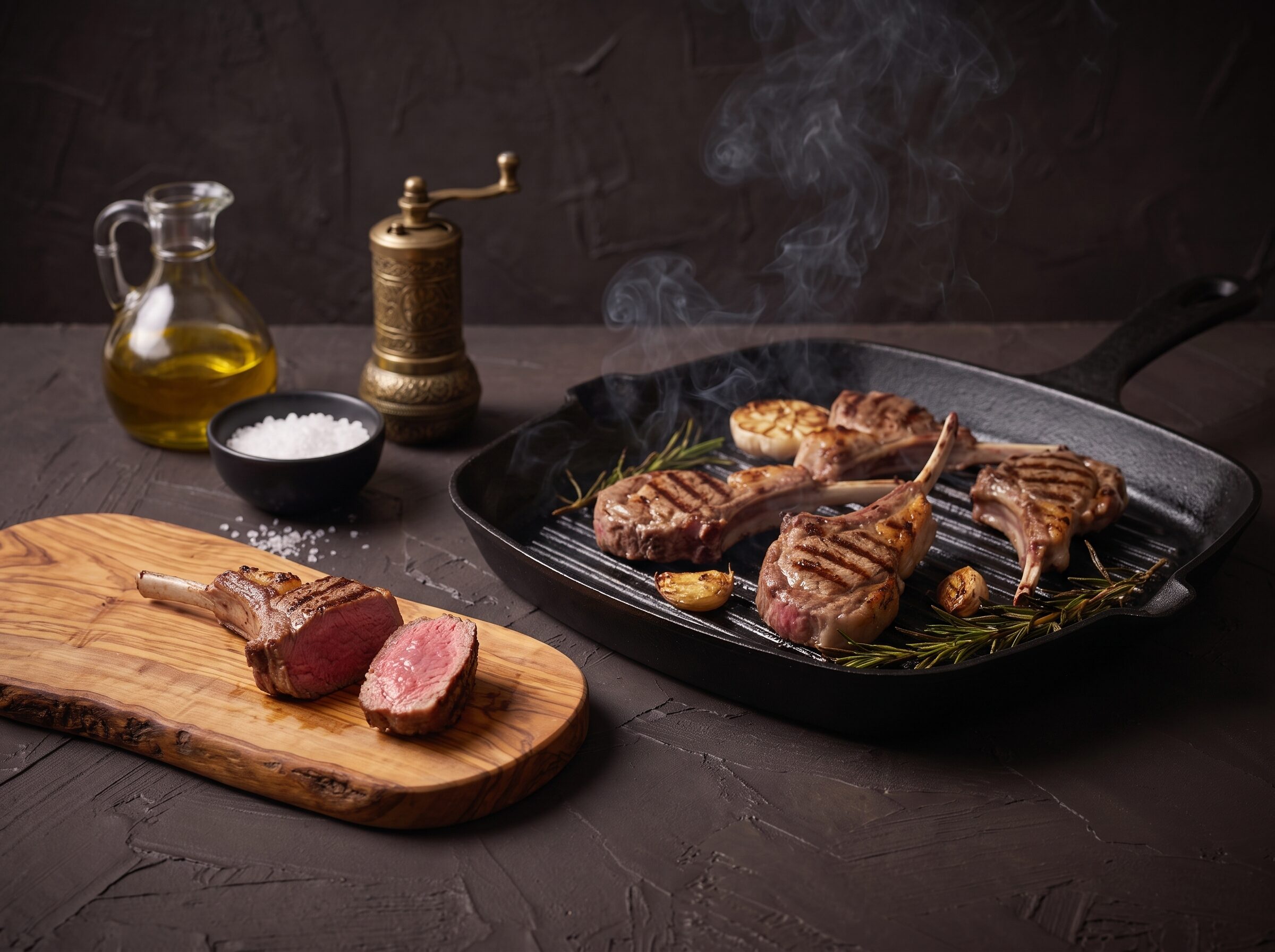 Lammekoteletter steges på grillpande med hvidløg