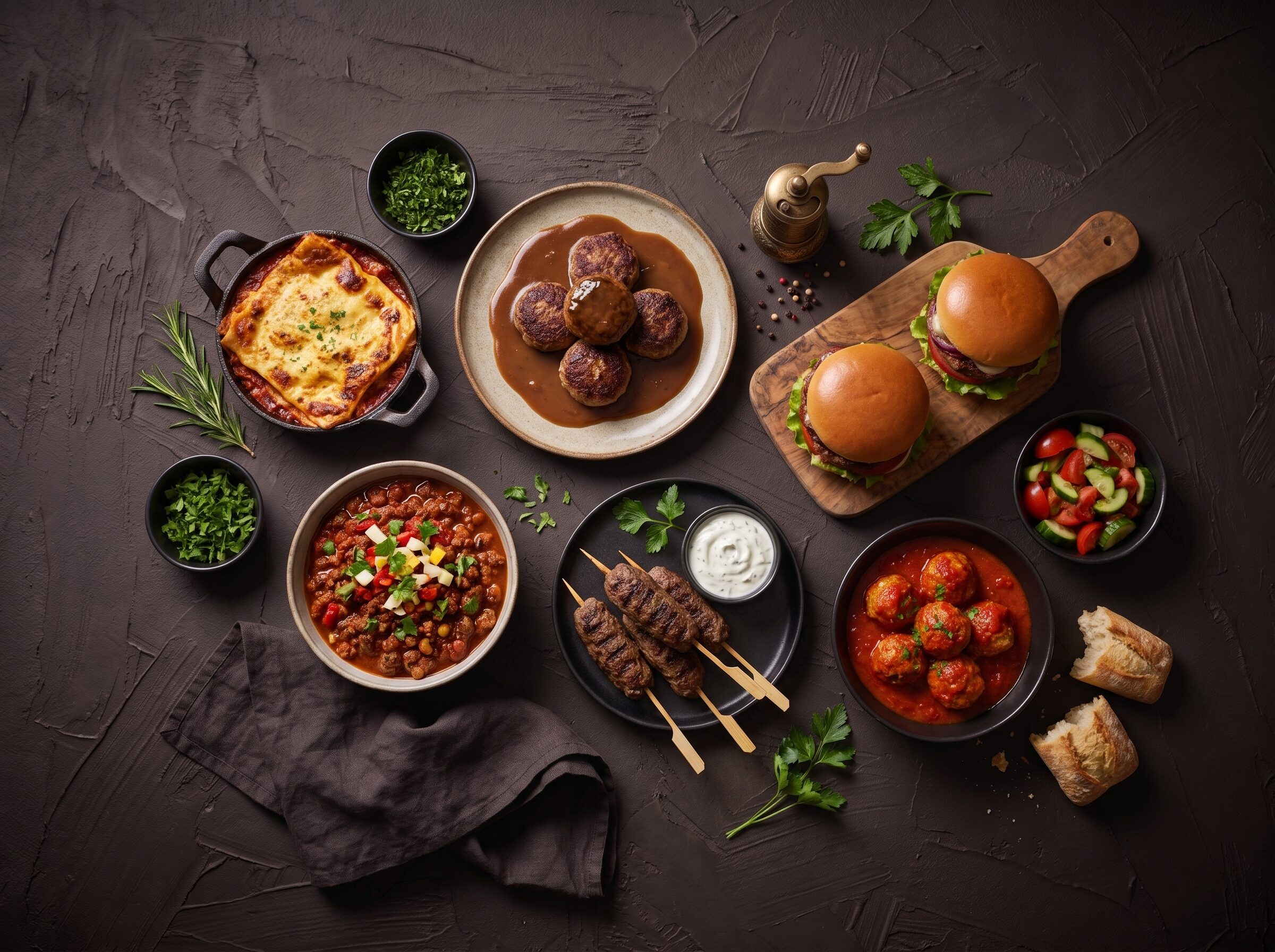 Lasagne, frikadeller, burgere, chili og koftaspyd lavet af hakkekød
